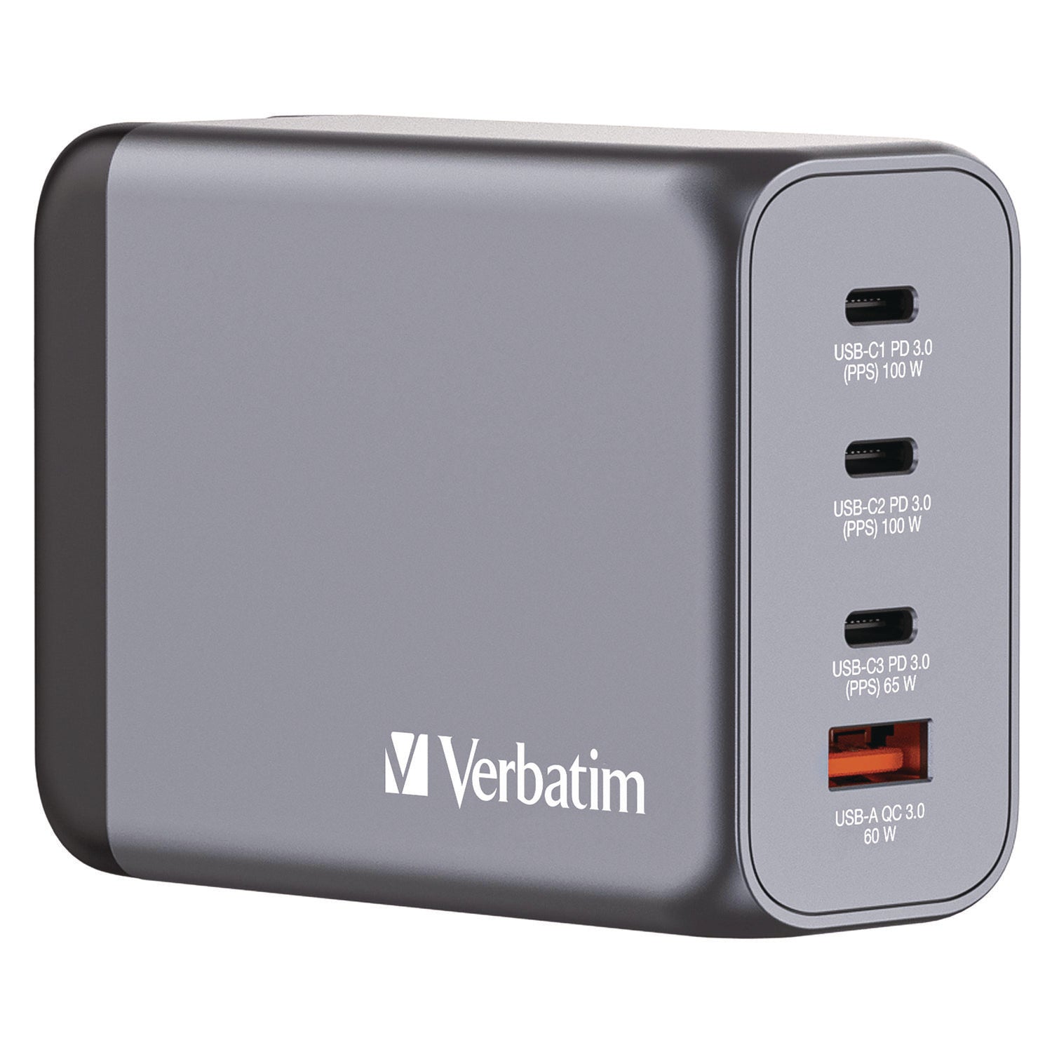 Verbatim® 200 W 4-Port GaN Wall Charger, Black/Gray