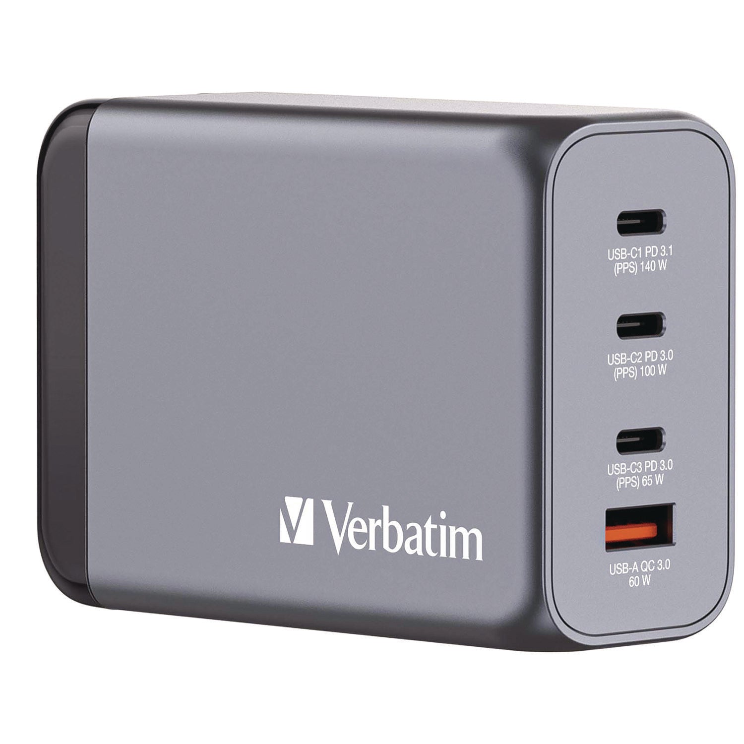Verbatim® 240 W 4-Port GaN Wall Charger, Black/Gray