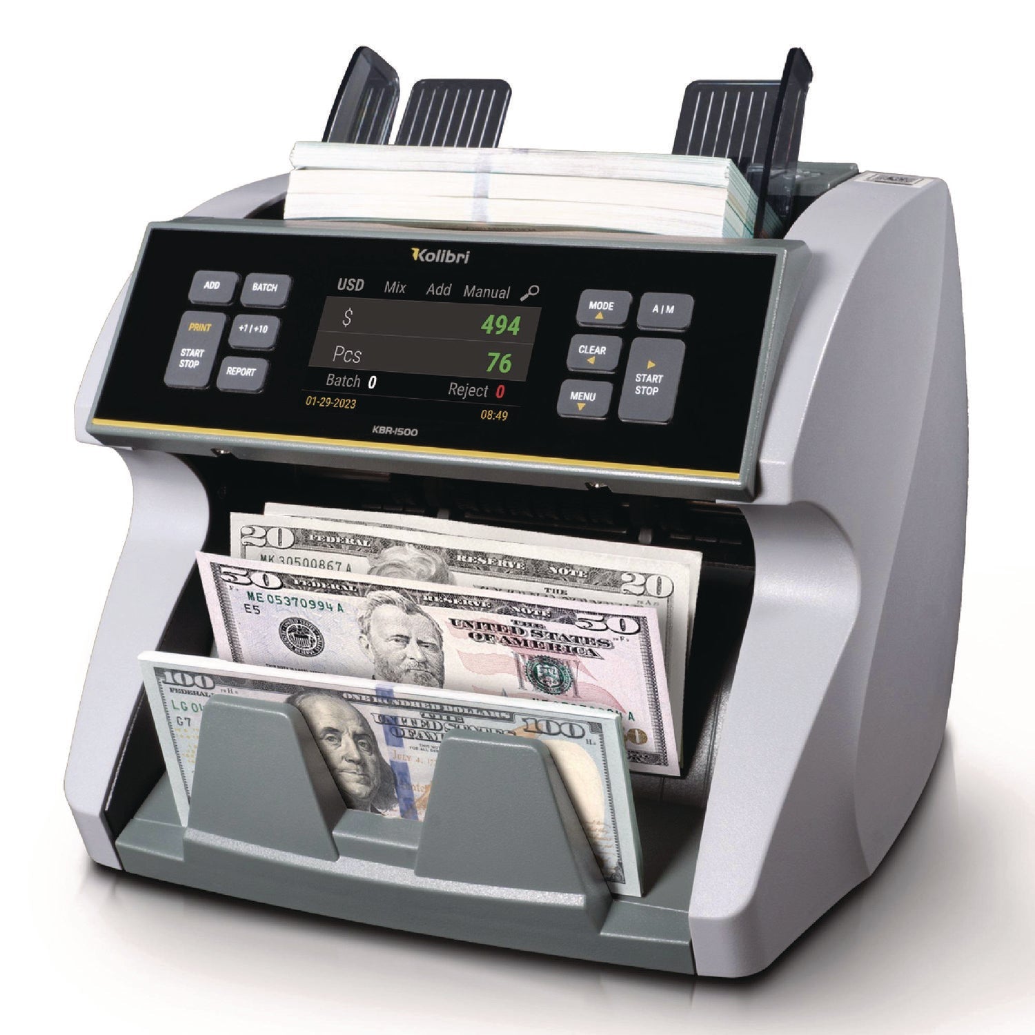 Kolibri KBR1500V2 Mixed Denomination Cash Counter, 1,200 Bills/min, 9.5 x 11 x 10.4, Gray