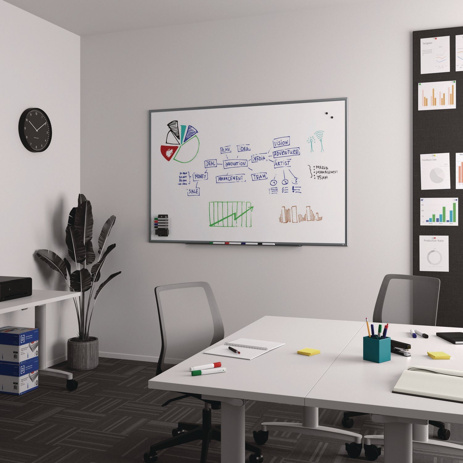 TRU RED™ Magnetic Steel Dry Erase Board, 48" x 72", White Surface, Gray/Natural Aluminum Frame