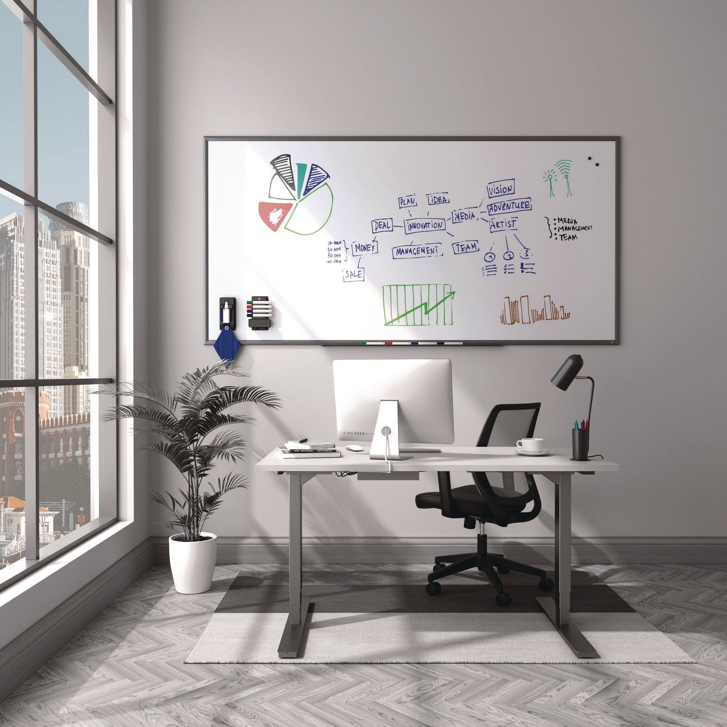 TRU RED™ Magnetic Porcelain Dry Erase Board, 96" x 48", White Surface, Gray/Natural Aluminum Frame