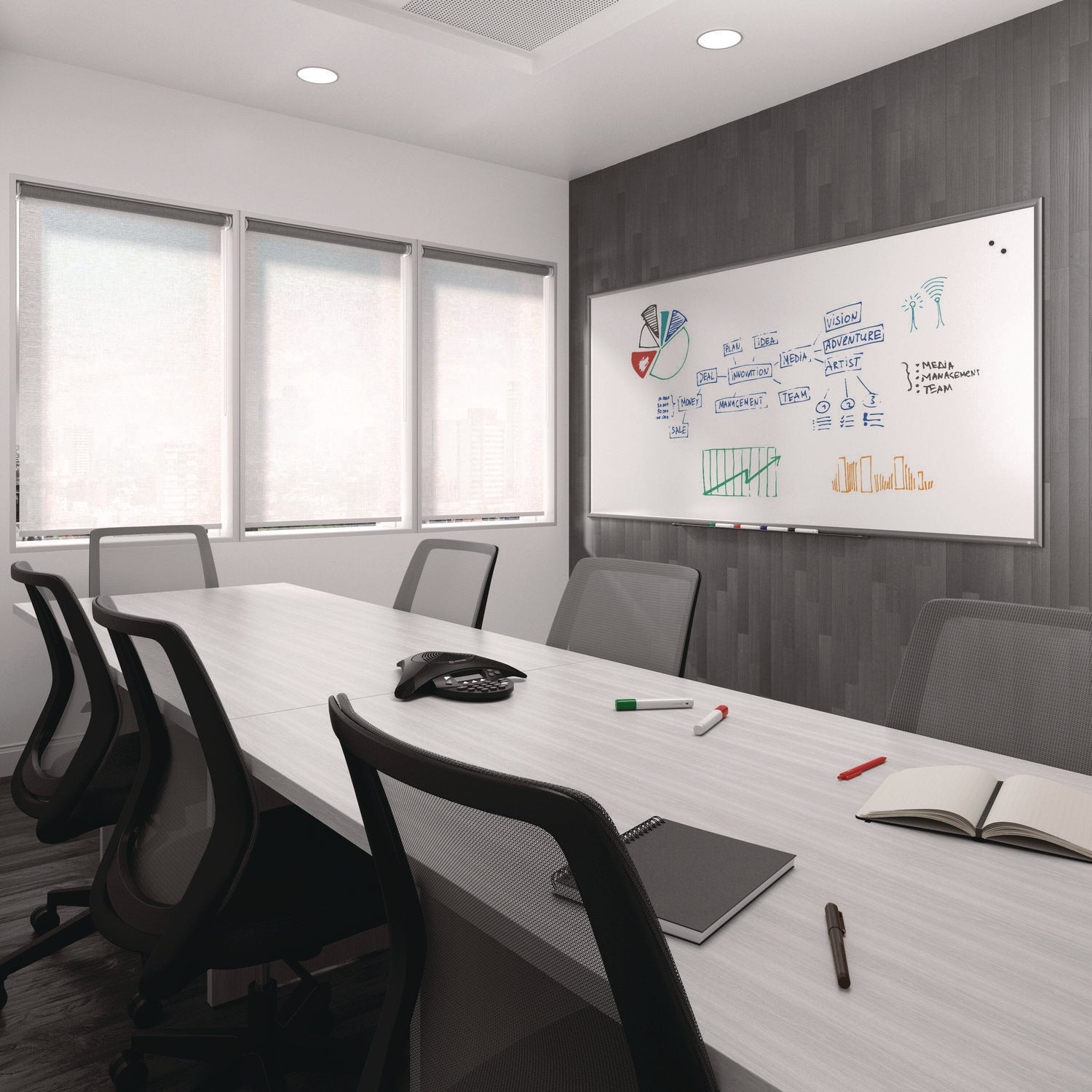 TRU RED™ Magnetic Porcelain Dry Erase Board, 96" x 48", White Surface, Gray/Natural Aluminum Frame