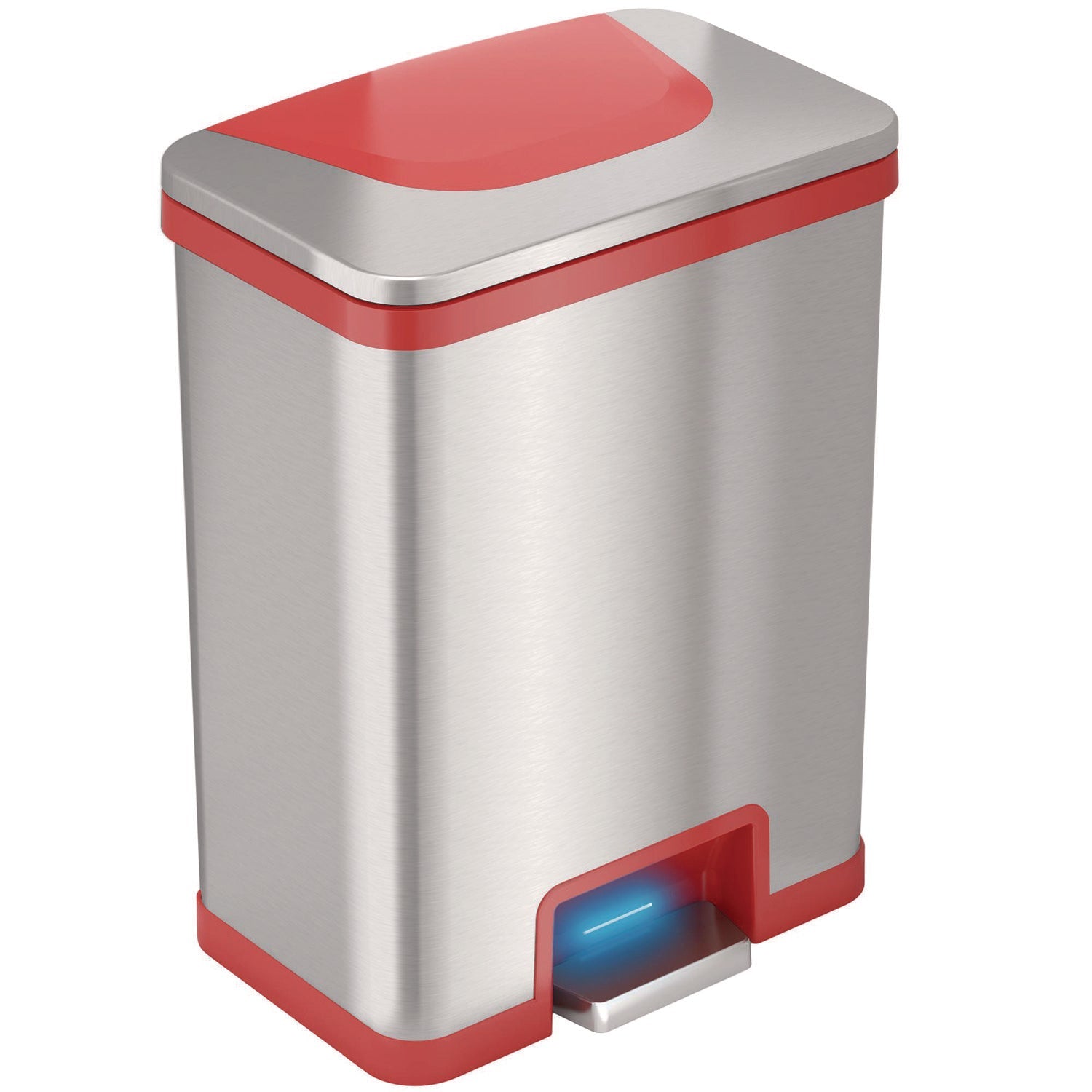 HLS Commercial® Step Pedal-Sensor Trash Can, 13 gal, Plastic/Stainless Steel, Silver/Red