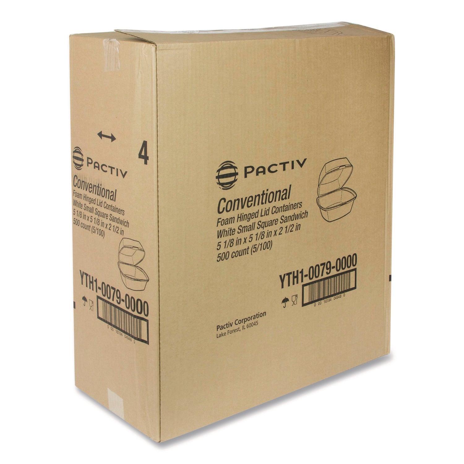 Pactiv Evergreen Conventional Foam Hinged Lid Container, 5 x 5 x 2.5, White, 500/Carton