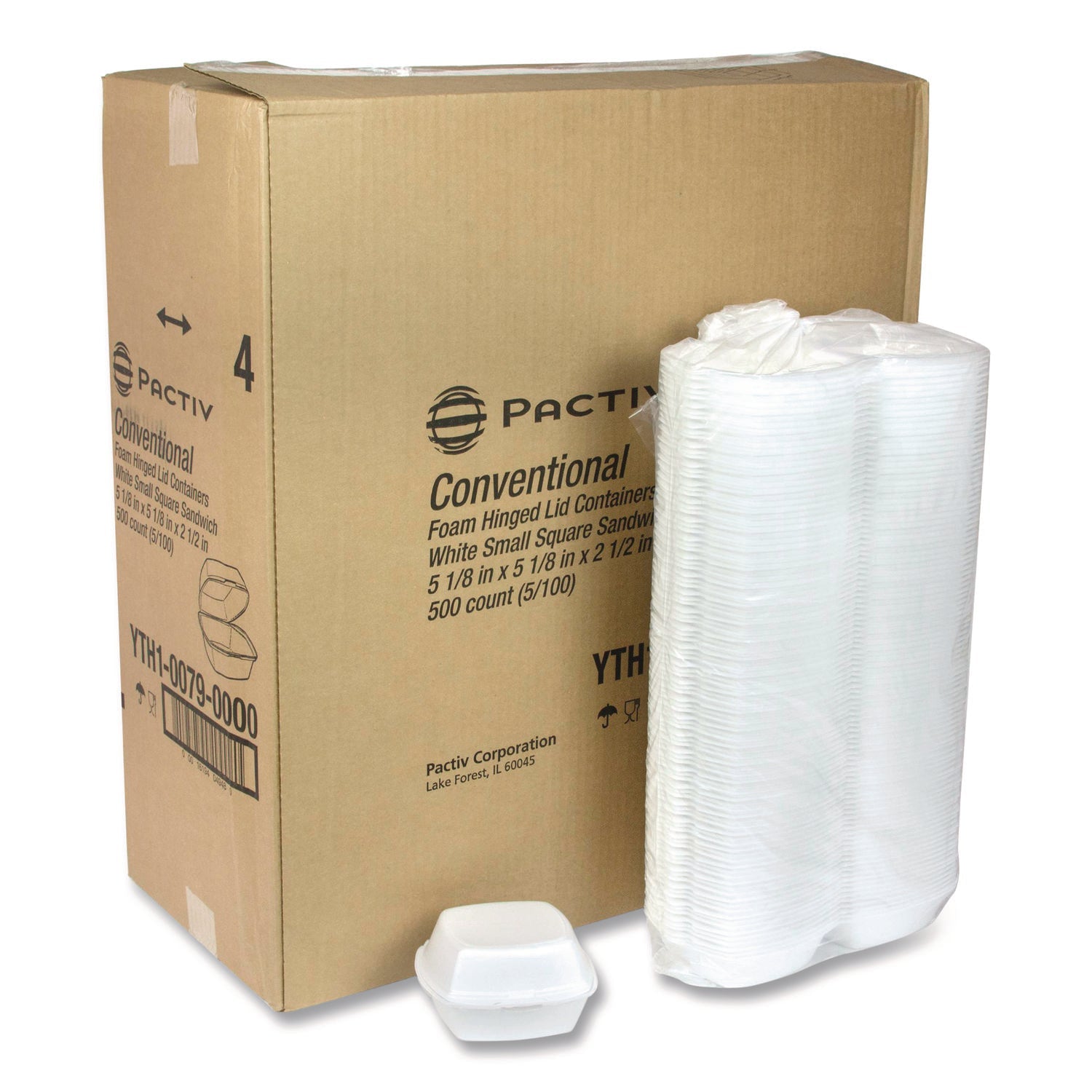 Pactiv Evergreen Conventional Foam Hinged Lid Container, 5 x 5 x 2.5, White, 500/Carton
