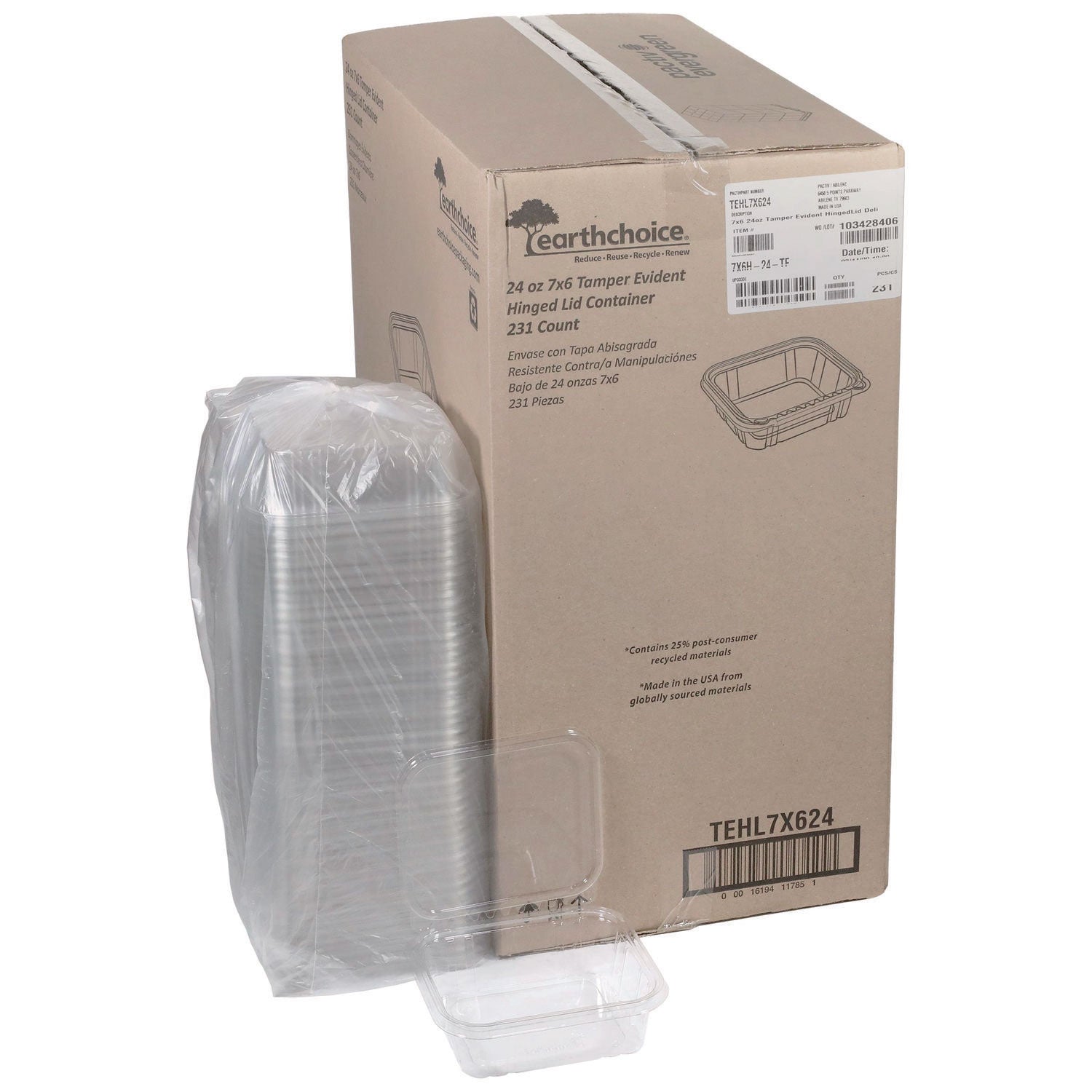 Pactiv Evergreen EarthChoice Tamper Evident Recycled Hinged Lid Deli Container, 24 oz, 7.25 x 6.37 x 2, Clear, Plastic, 231/Carton