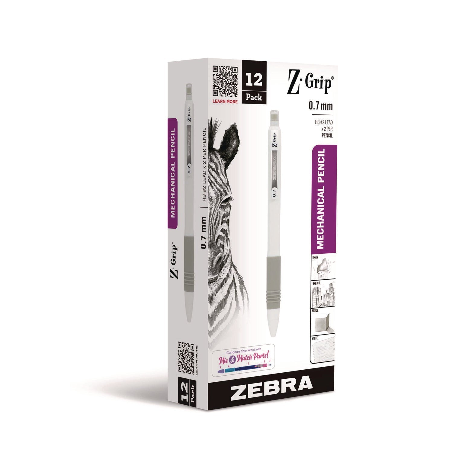 Zebra® Z-Grip Plus Mechanical Pencil, 0.7, (#2), Black Lead, White Barrel, Dozen