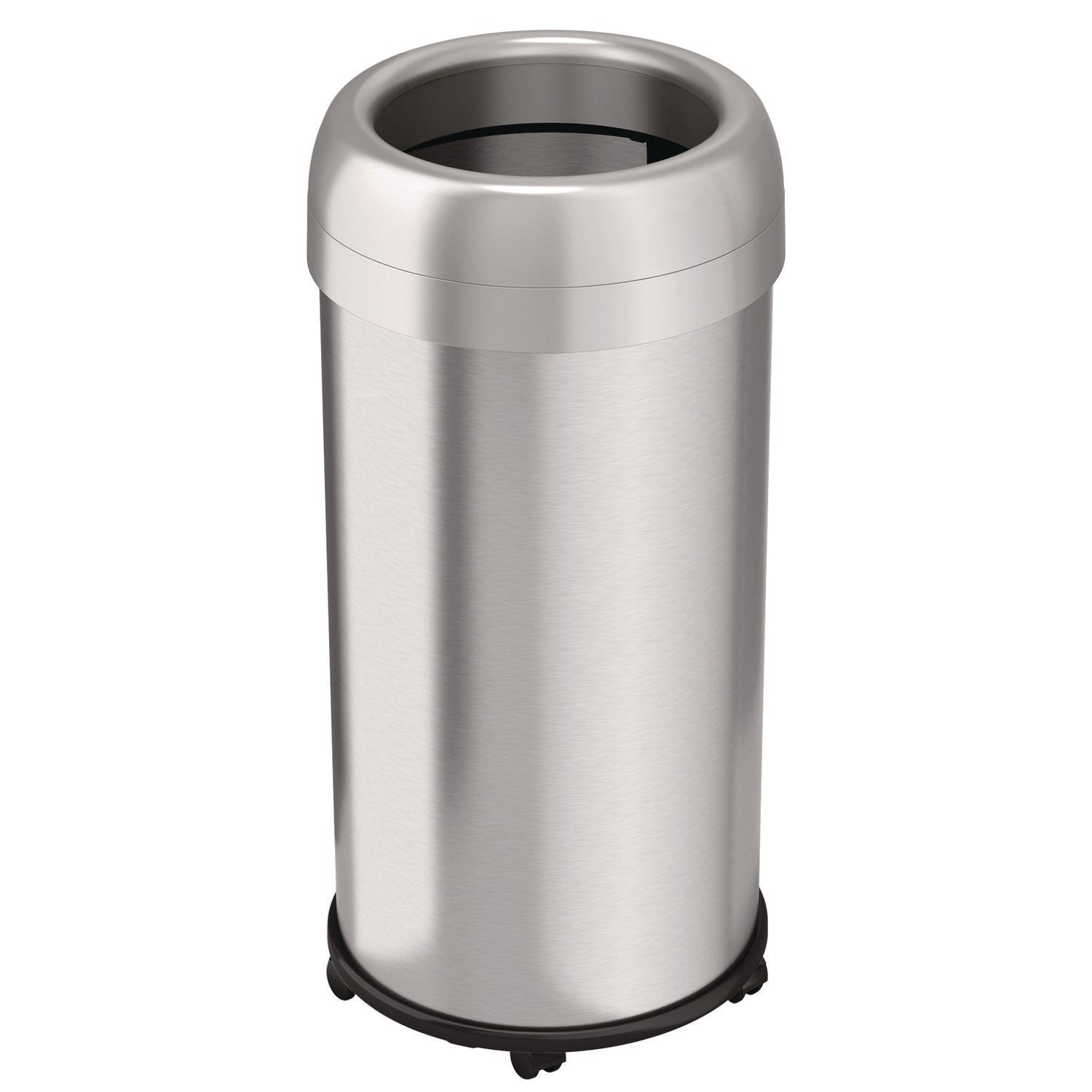 HLS Commercial® Open Top Trash Can with Wheels, Round, 16 gal, Plastic/Stainless Steel, Silver