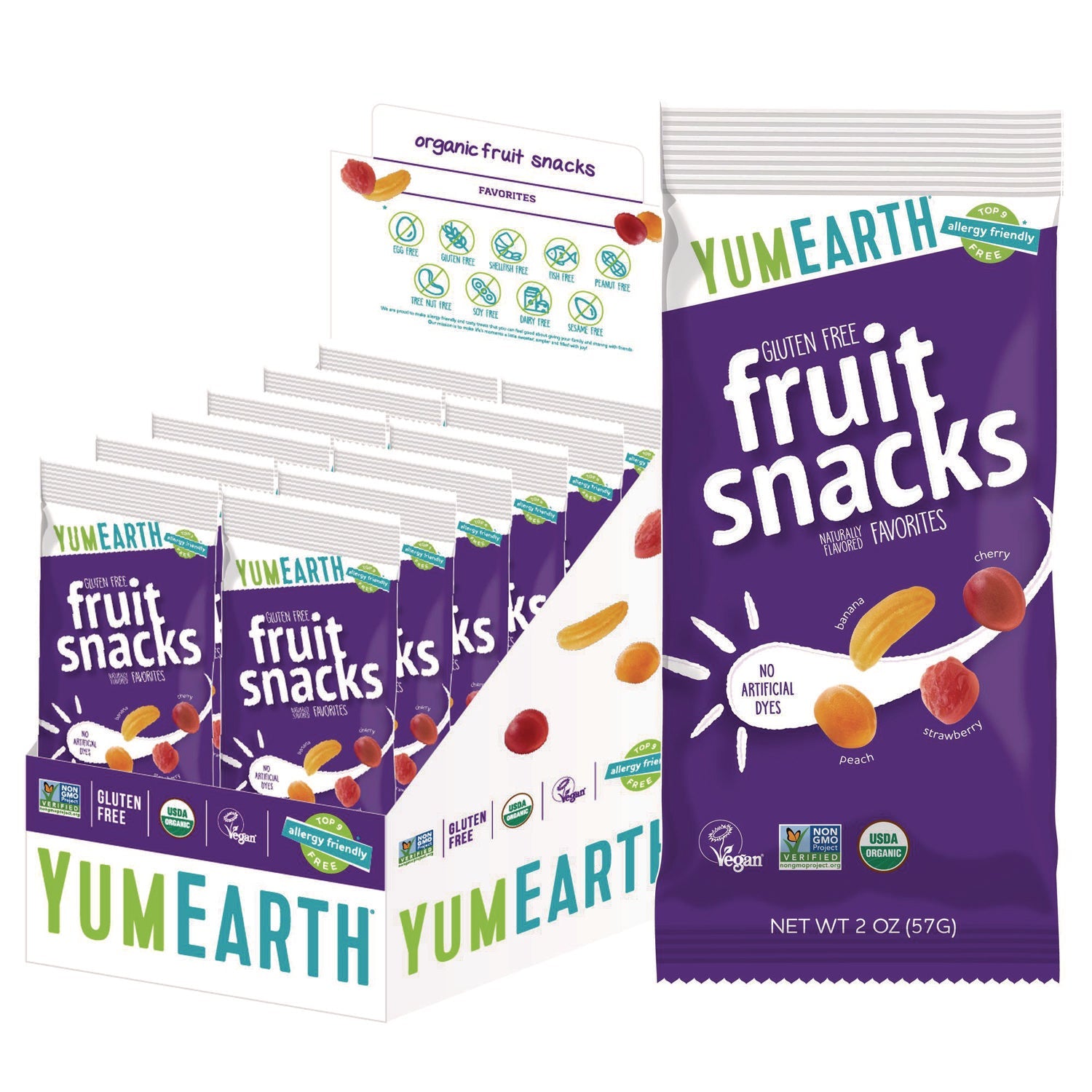 YumEarth Organic Fruit Snacks, Assorted Flavors, 2 oz Bag, 12/Carton