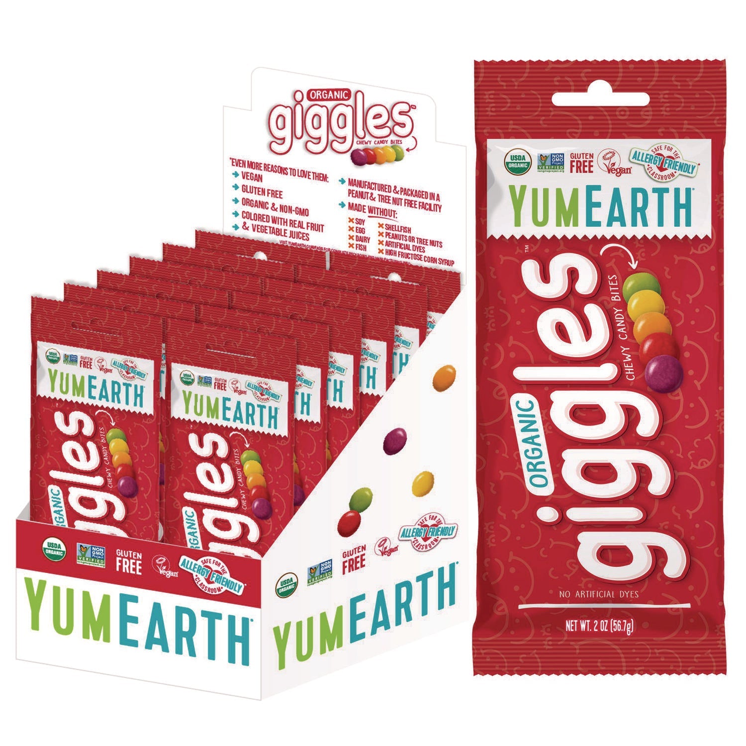 YumEarth Organic Giggles, Assorted Flavors, 2 oz Bag, 12/Carton