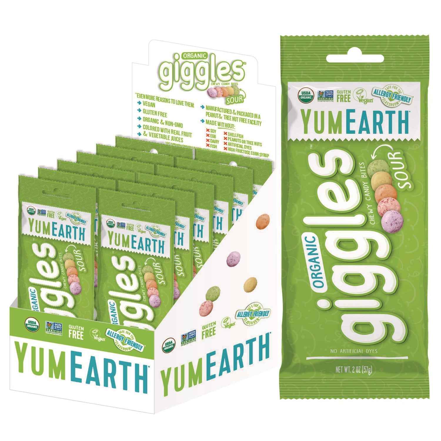 YumEarth Organic Sour Giggles, Assorted Flavors, 2 oz Bag, 12/Carton