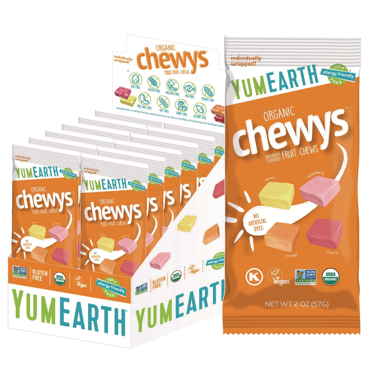 YumEarth Organic Chewys, Assorted Flavors, 2 oz Bag, 12/Carton
