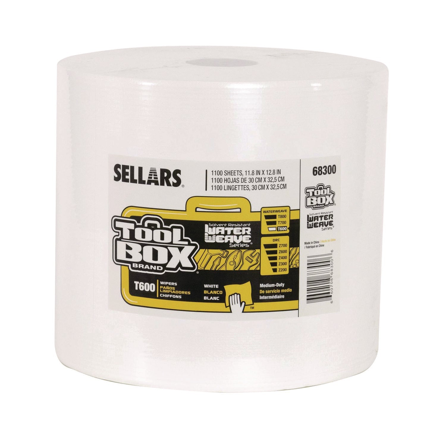 Sellars® TOOLBOX WaterWeave T600 Wipers, 1-Ply, 11.8 x 12.8, White, 1,100 Sheets/Roll