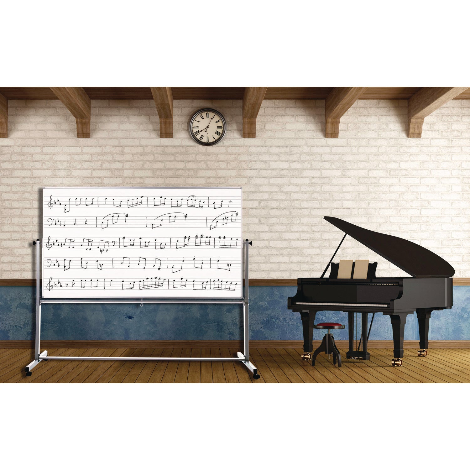 Luxor Mobile Music Staff Whiteboard, Dual-Sided Music Notation, 72" x 48", White Surface, Silver Aluminum Frame