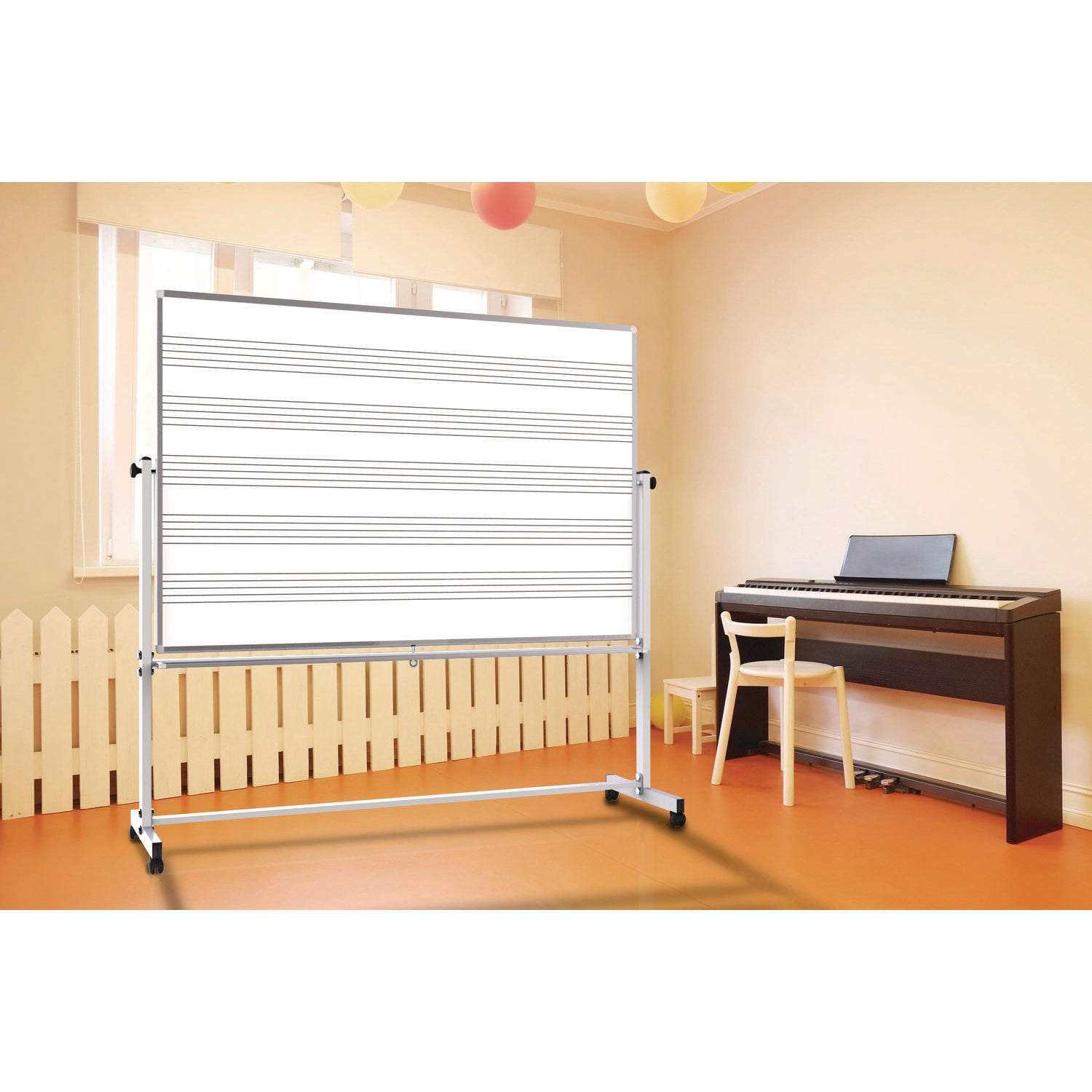 Luxor Mobile Music Staff Whiteboard, Dual-Sided Music Notation, 72" x 48", White Surface, Silver Aluminum Frame