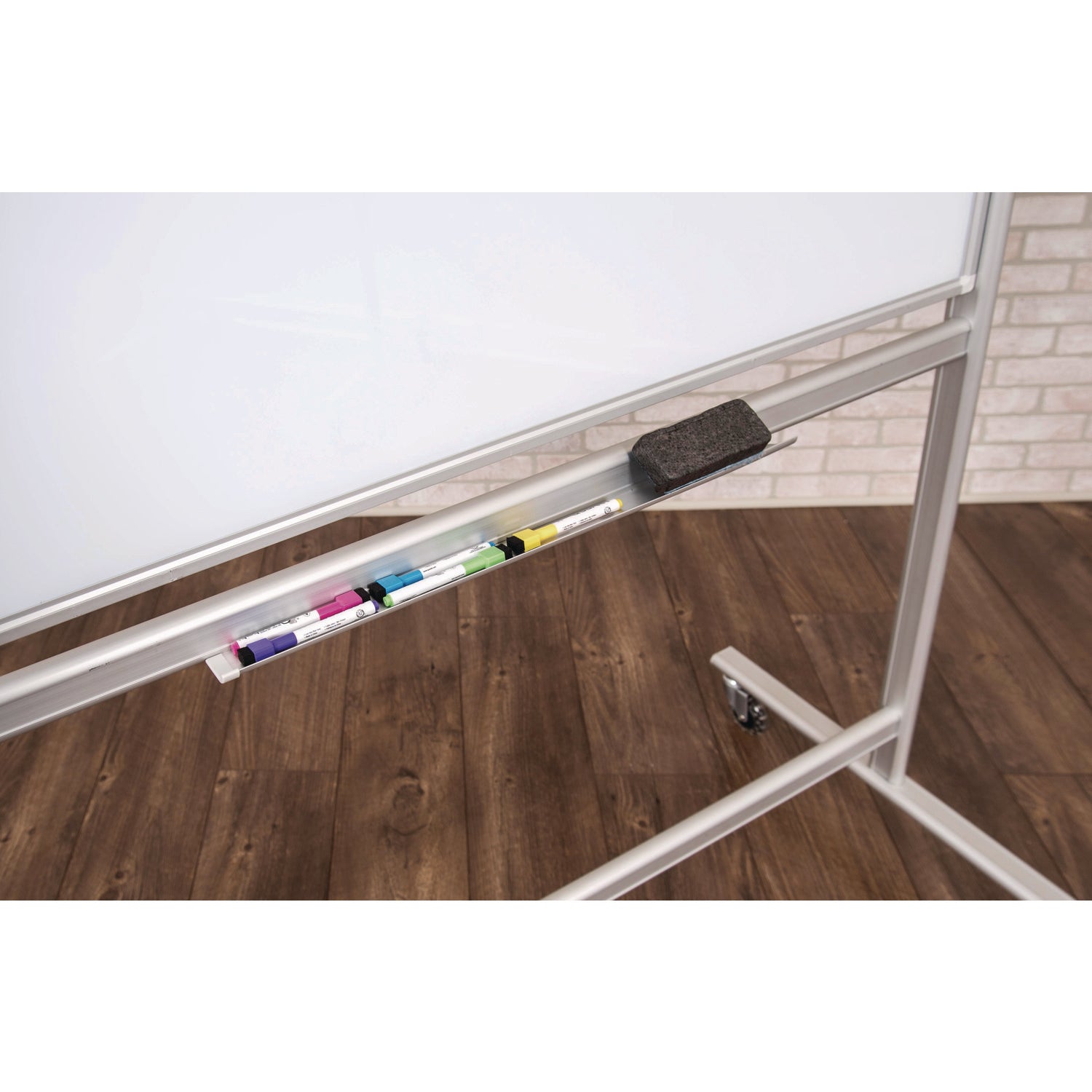 Luxor Mobile Magnetic Glass Dry Erase Board, 60" x 40", White Surface, Silver Aluminum Frame