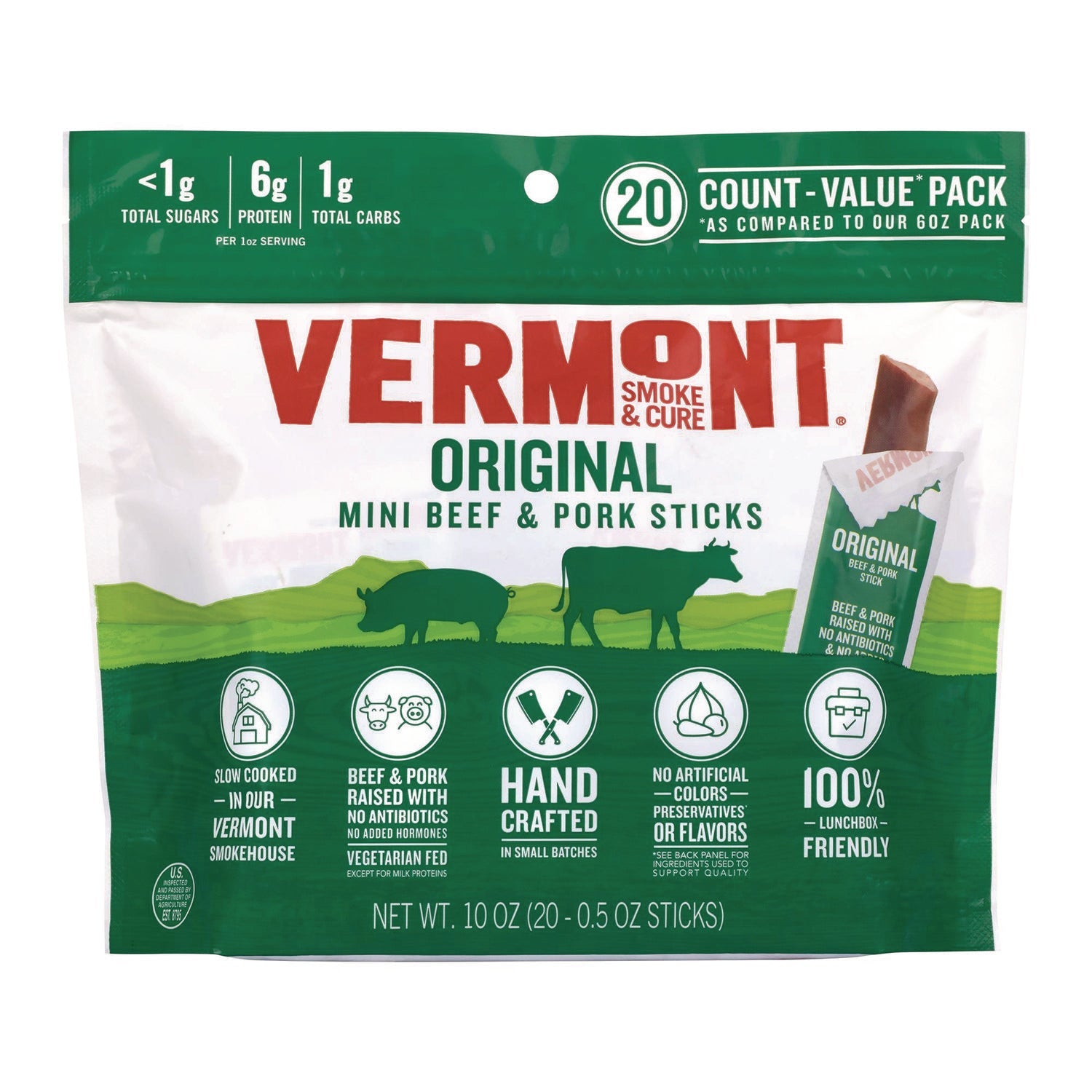 Vermont Smoke and Cure® Original Flavor Mini Snack Sticks, Beef, 0.5 oz Individually Wrapped, 20/Carton