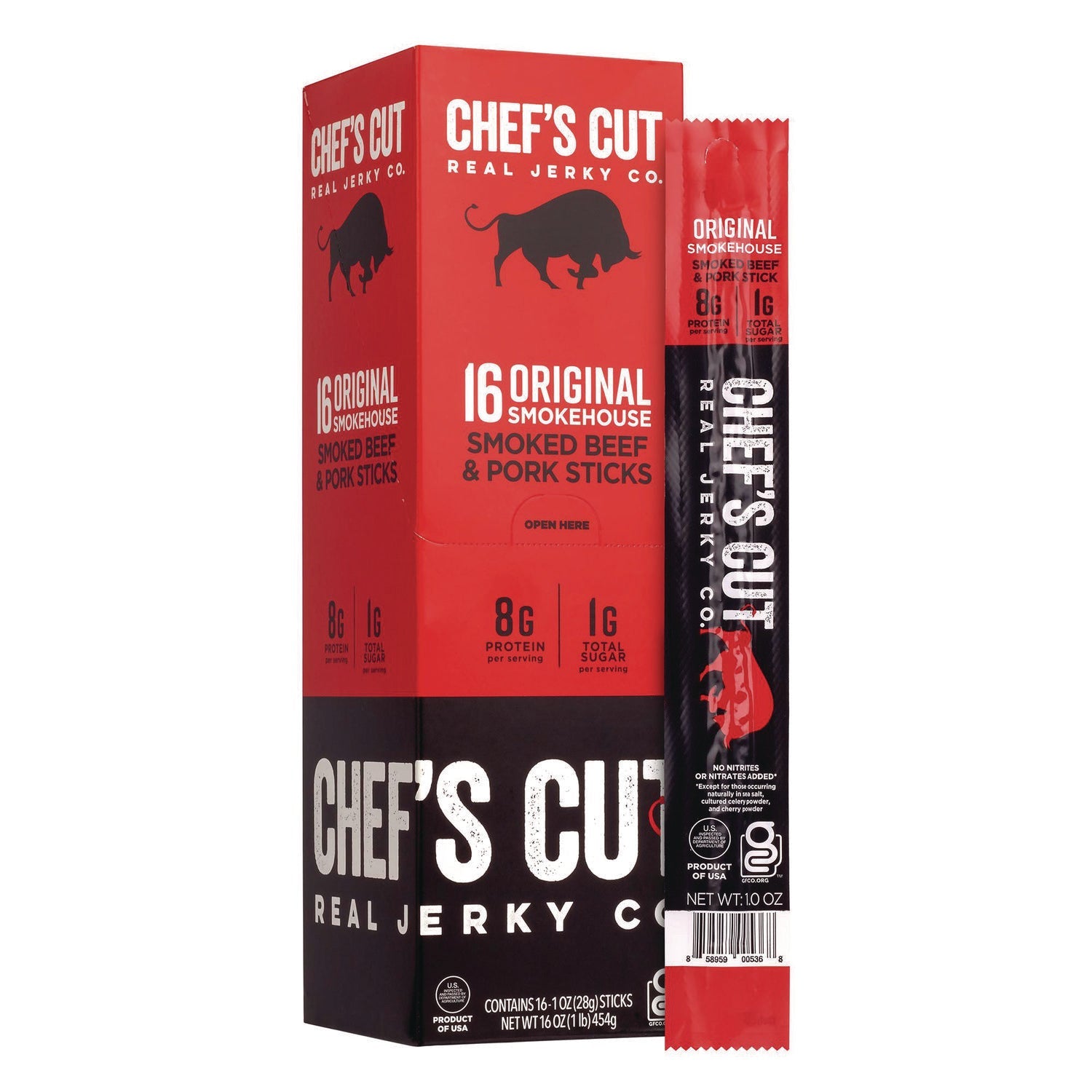 Chef’s Cut Real Jerky Co Original Smokehouse Beef and Pork Meat Stick, 1 oz Individually Wrapped, 16/Carton - Bloom Skins
