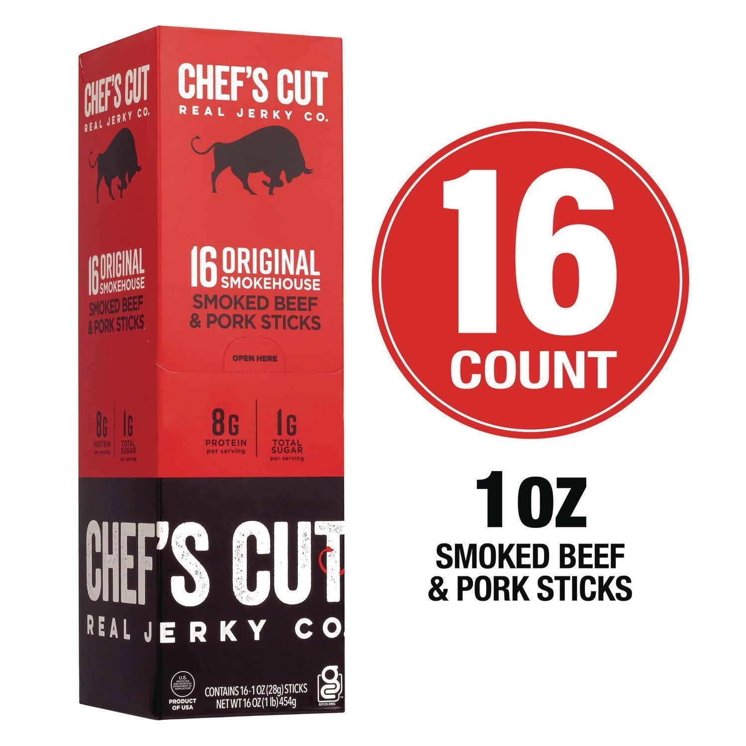 Chef’s Cut Real Jerky Co Original Smokehouse Beef and Pork Meat Stick, 1 oz Individually Wrapped, 16/Carton - Bloom Skins