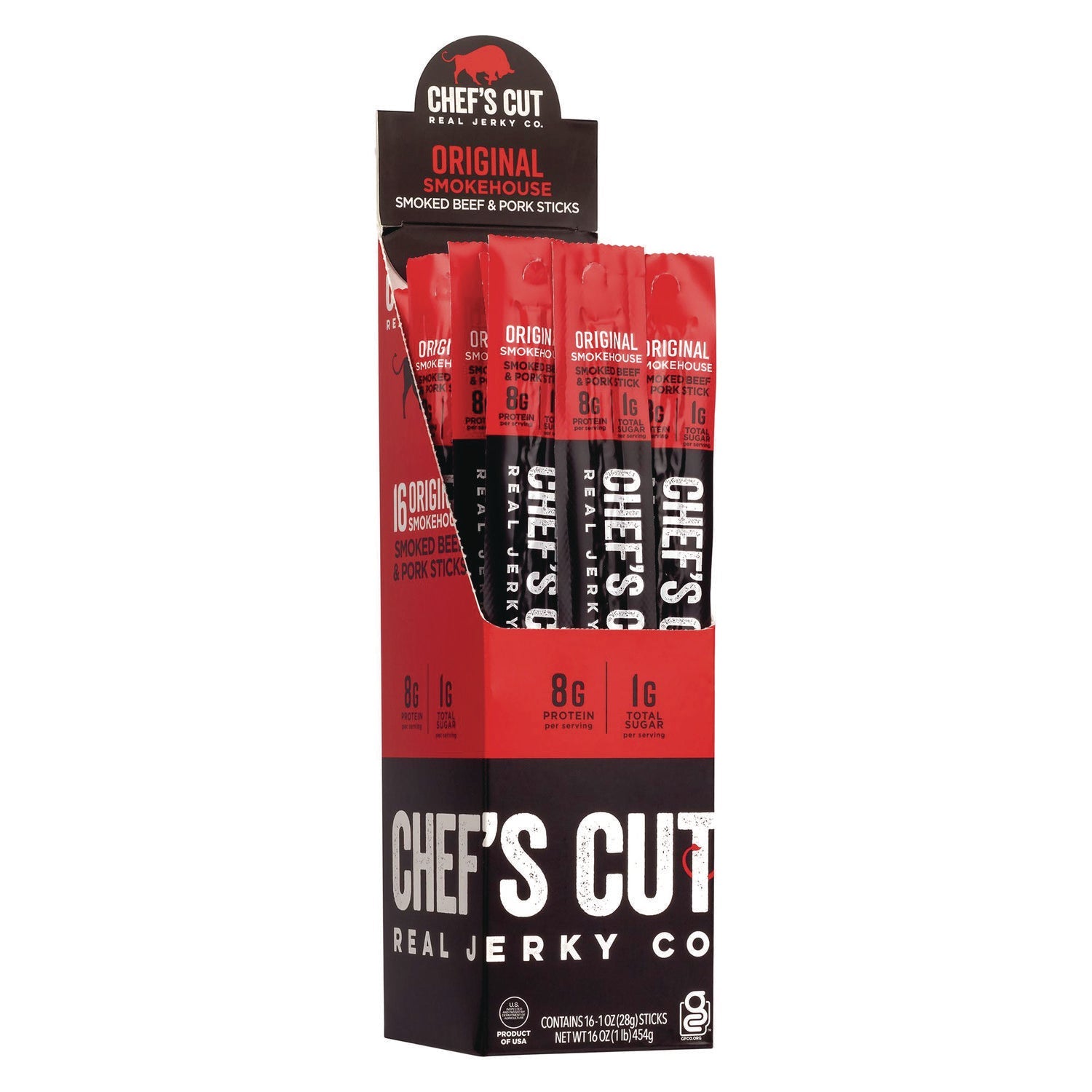 Chef’s Cut Real Jerky Co Original Smokehouse Beef and Pork Meat Stick, 1 oz Individually Wrapped, 16/Carton - Bloom Skins