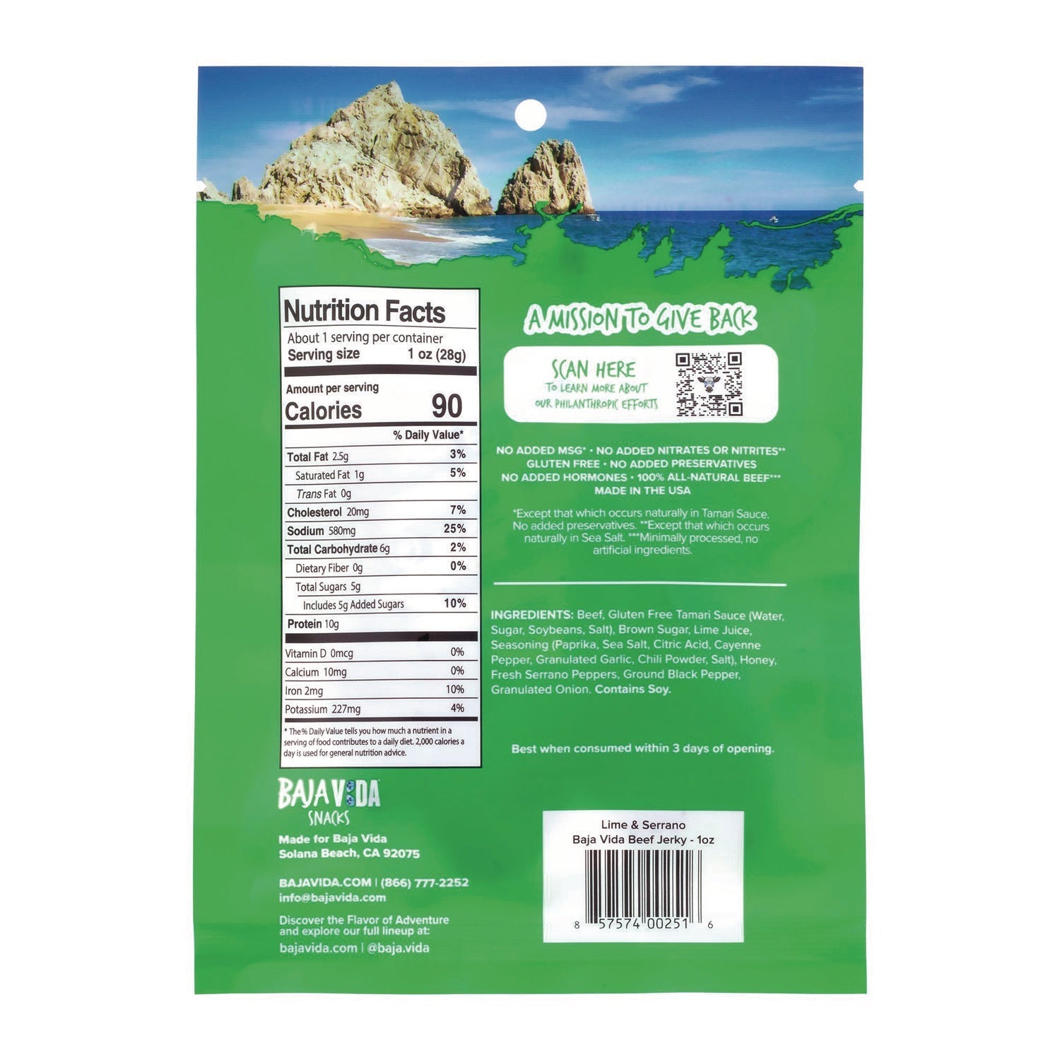 Baja Jerky Beef Jerky Lime and Serrano Pepper Snack Pack, Lime and Serrano Pepper, 1 oz Packet, 12/Carton