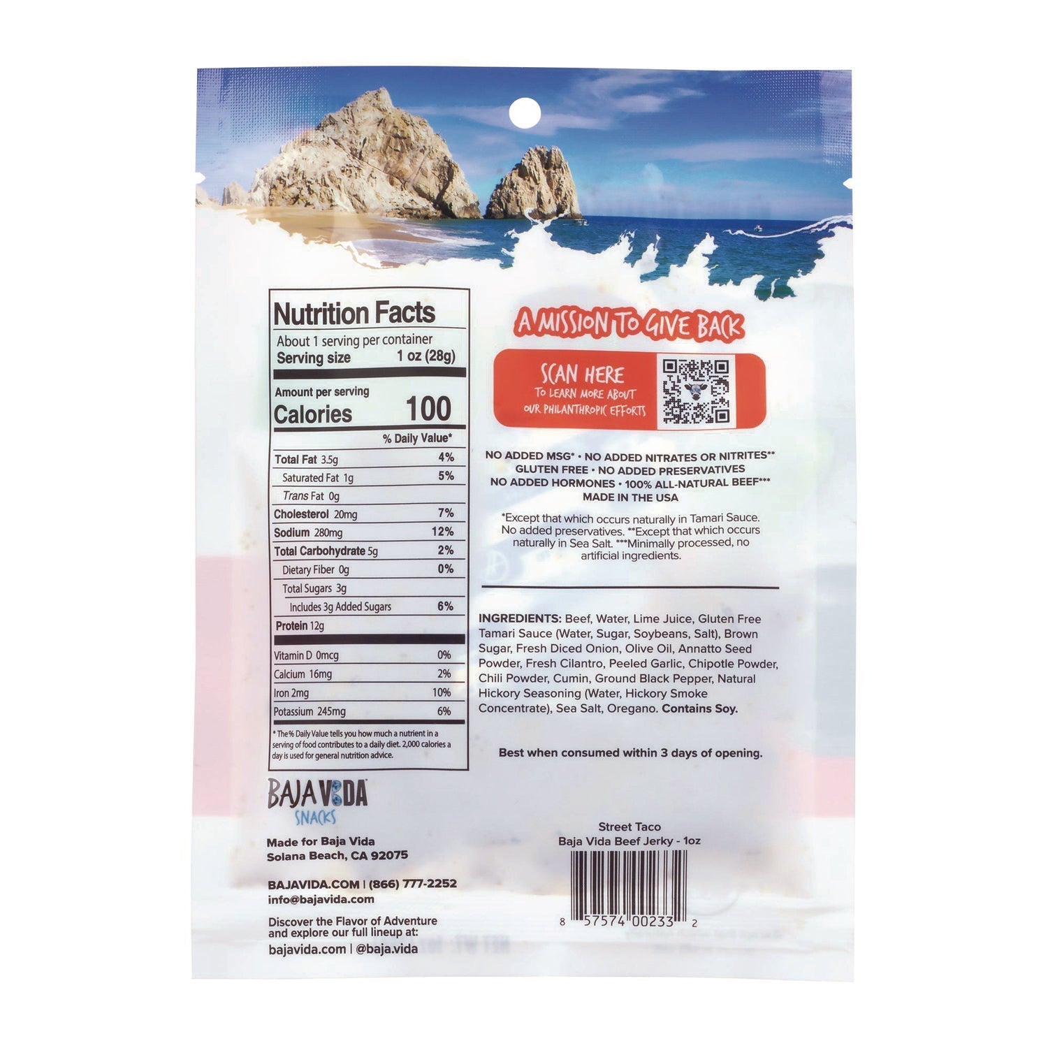 Baja Jerky Beef Jerky Street Taco Snack Pack, Street Taco, 1 oz Packet, 12/Carton