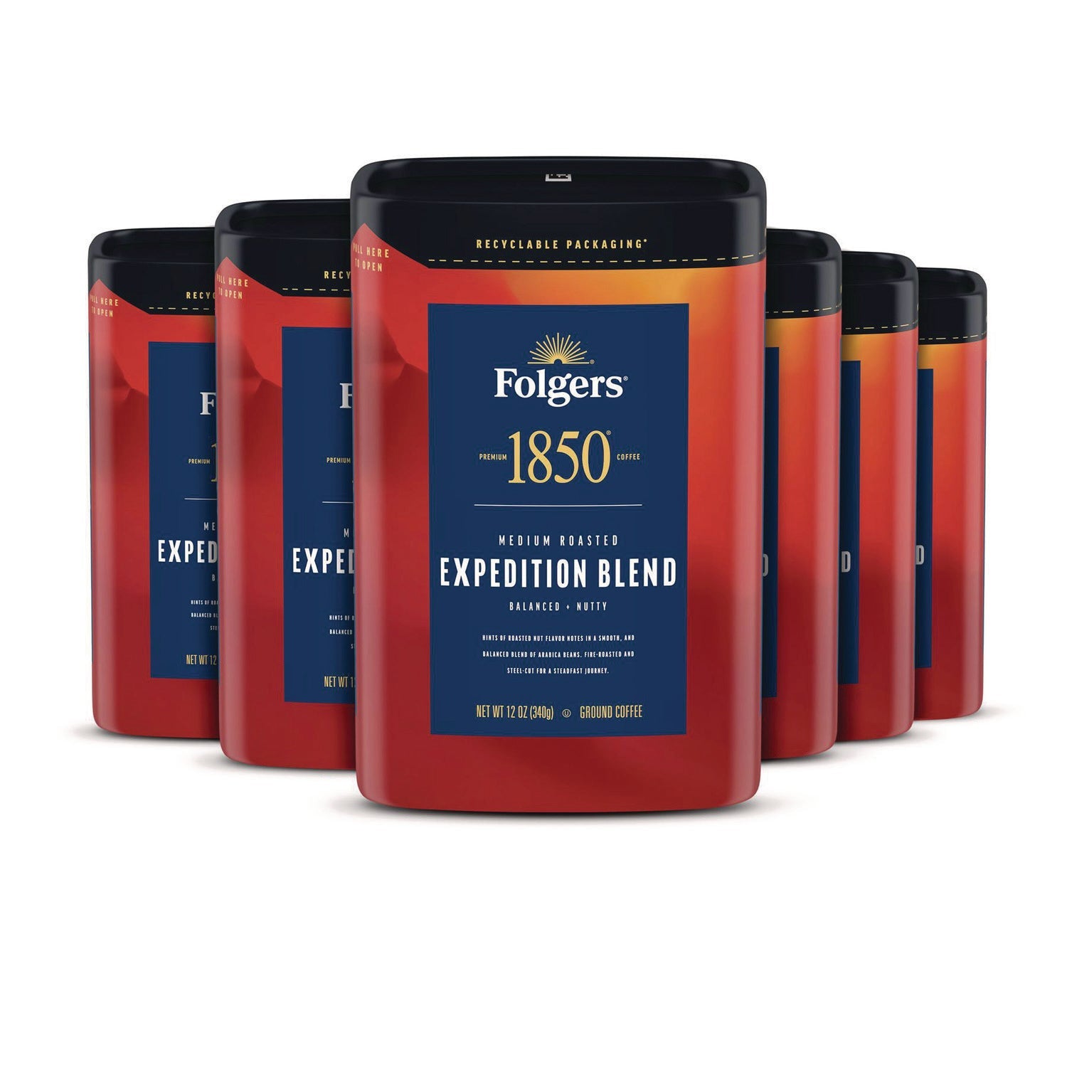 1850 Coffee, Expedition Blend, Ground, 12 oz Canister, 6/Carton