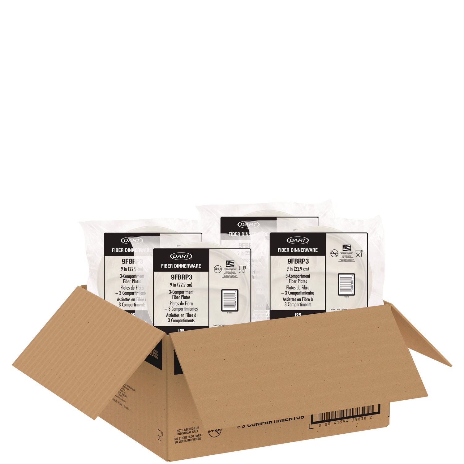 Dart® Compostable Molded Fiber Dinnerware, ProPlanet Seal, 3-Compartment Plate, 9" dia, Natural, 500/Carton