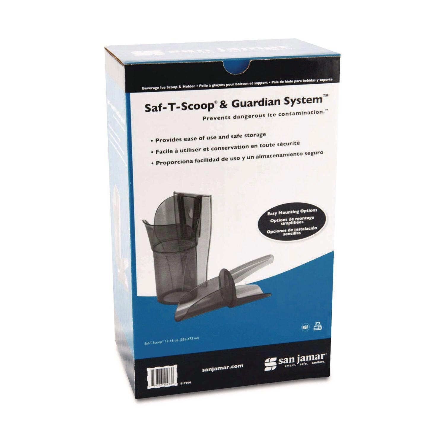 San Jamar® Saf-T-Scoop and Guardian System for Ice Machines, 12 oz to 16 oz Ice Scoop, Transparent Blue, 50/Carton - Bloom Skins