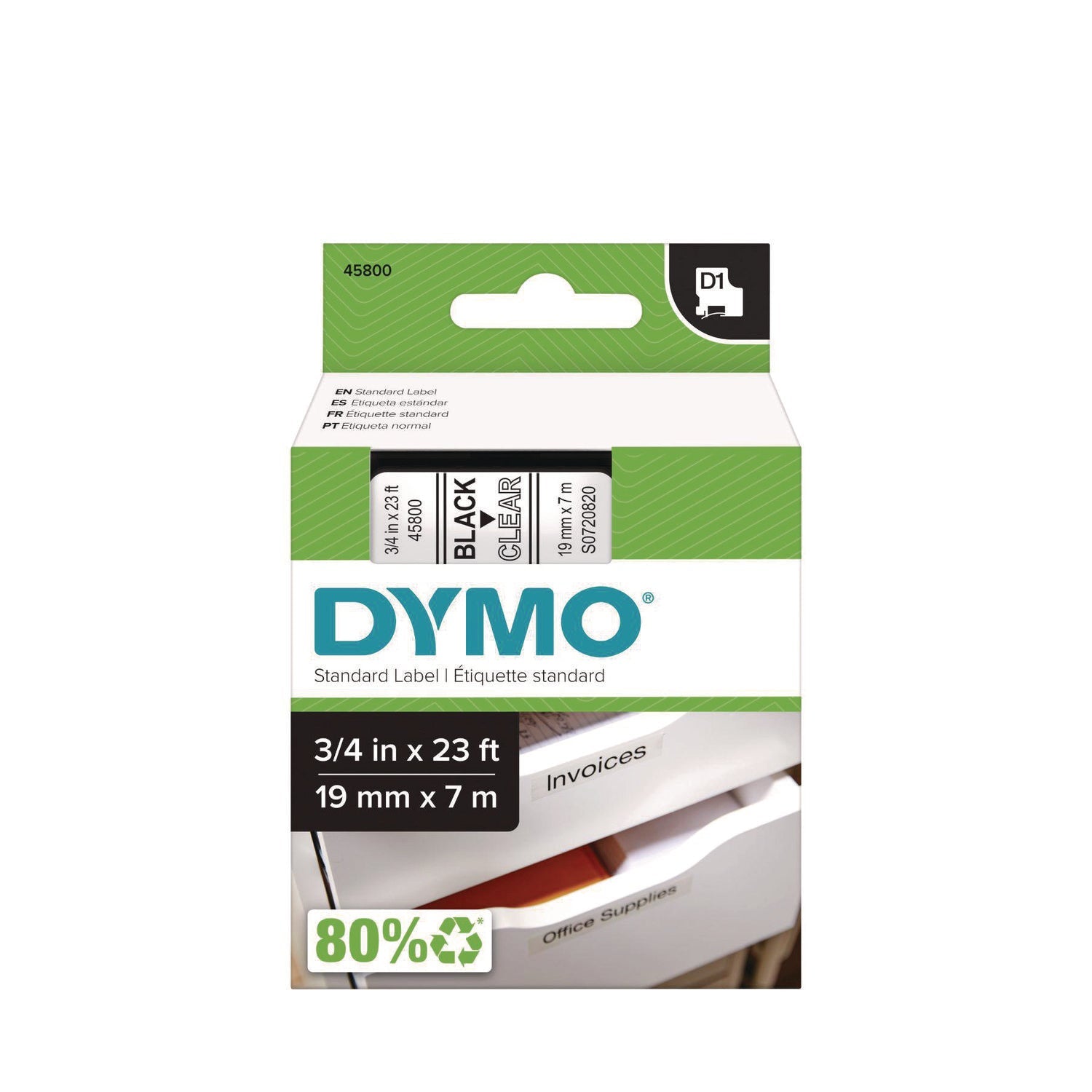 DYMO® D1 Standard Labels, 0.75" x 23 ft, Black Print on Clear Tape