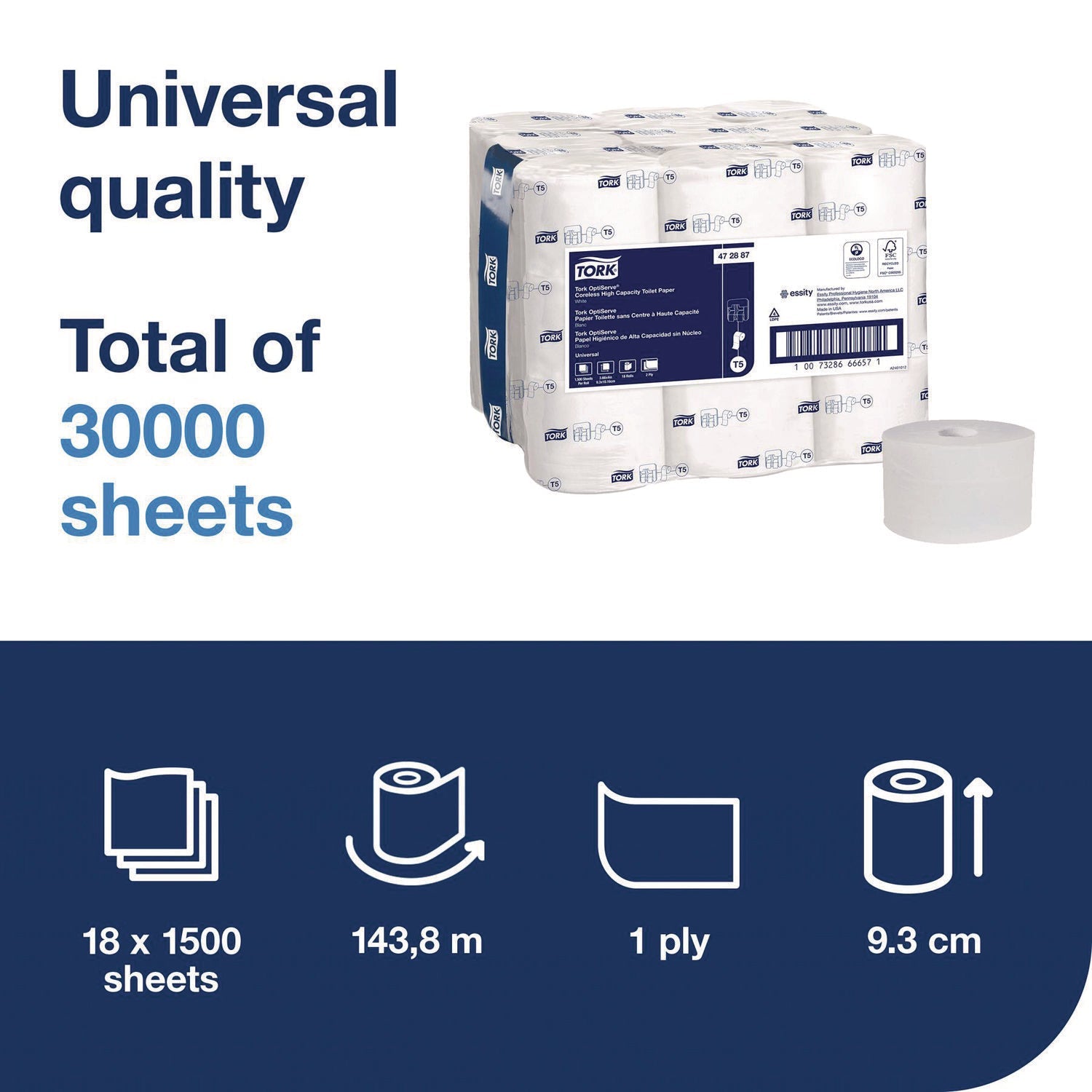 Tork® OptiServe High-Capacity Coreless Toilet Paper, 2-Ply, White, 1,500 Sheets, 18 Rolls/Carton - Bloom Skins