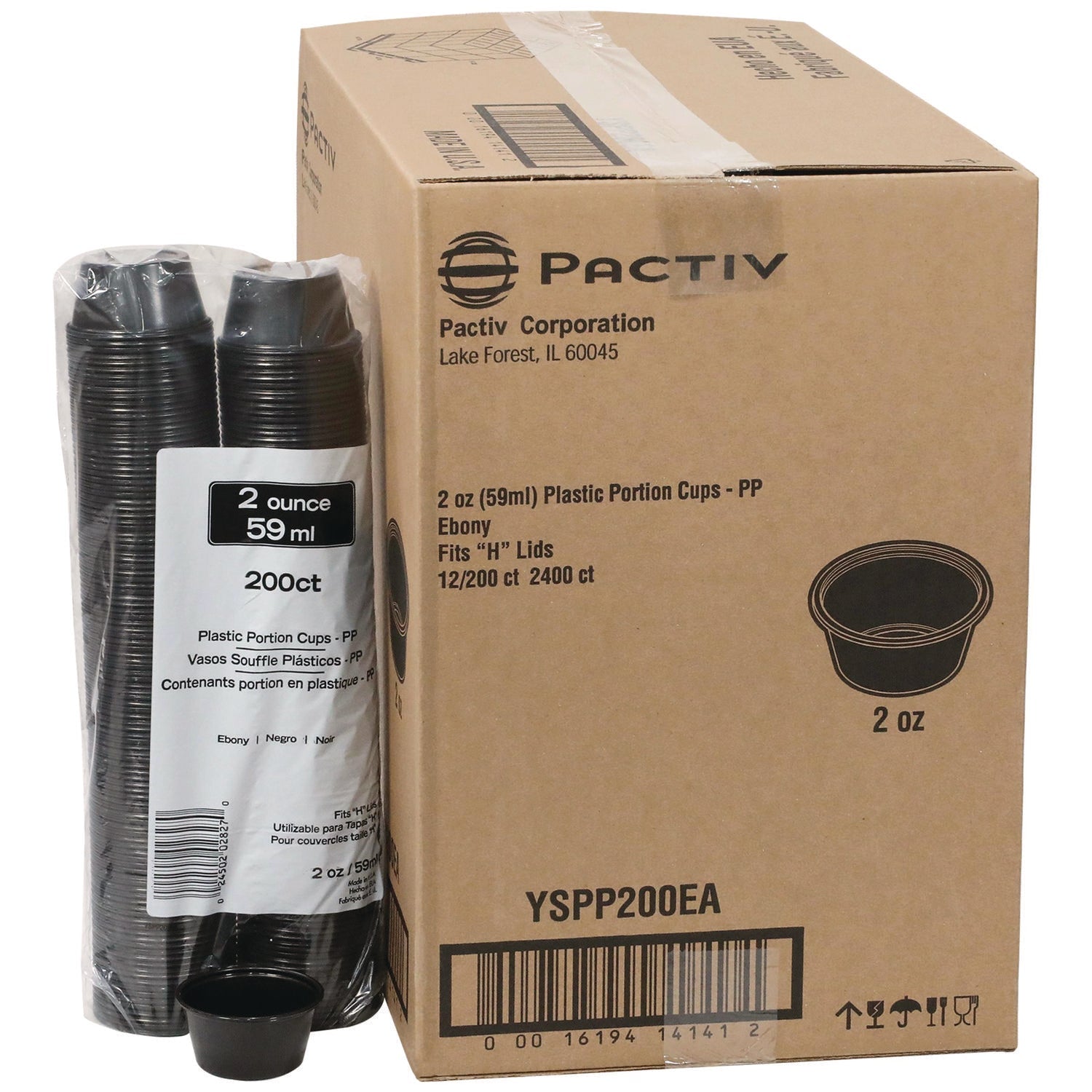 Pactiv Evergreen Plastic Portion Cup, 2 oz., Black, 2,400/Carton