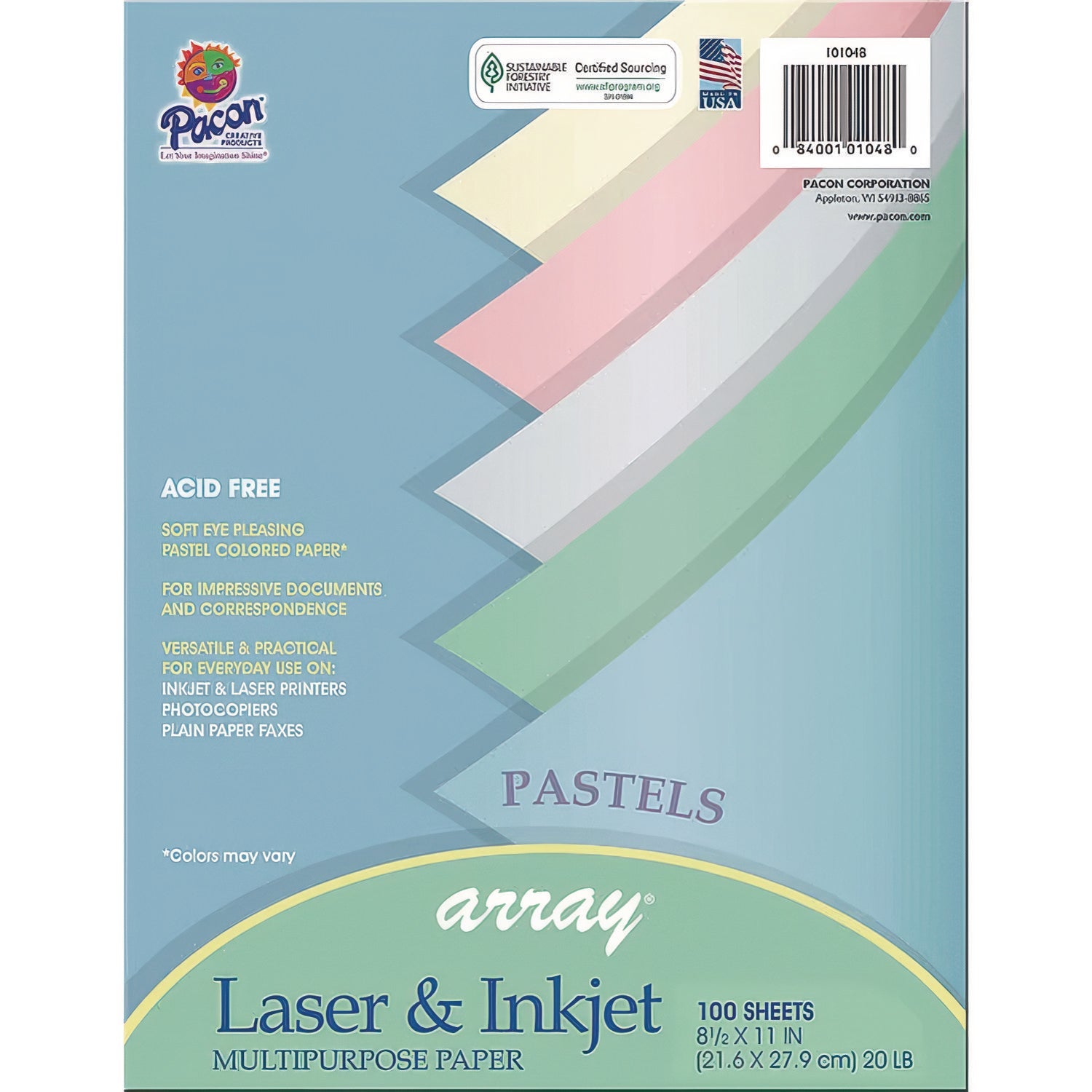 Pacon® Array Colored Bond Paper, 20 lb Bond Weight, 8.5 x 11, Assorted Pastel Colors, 100/Pack