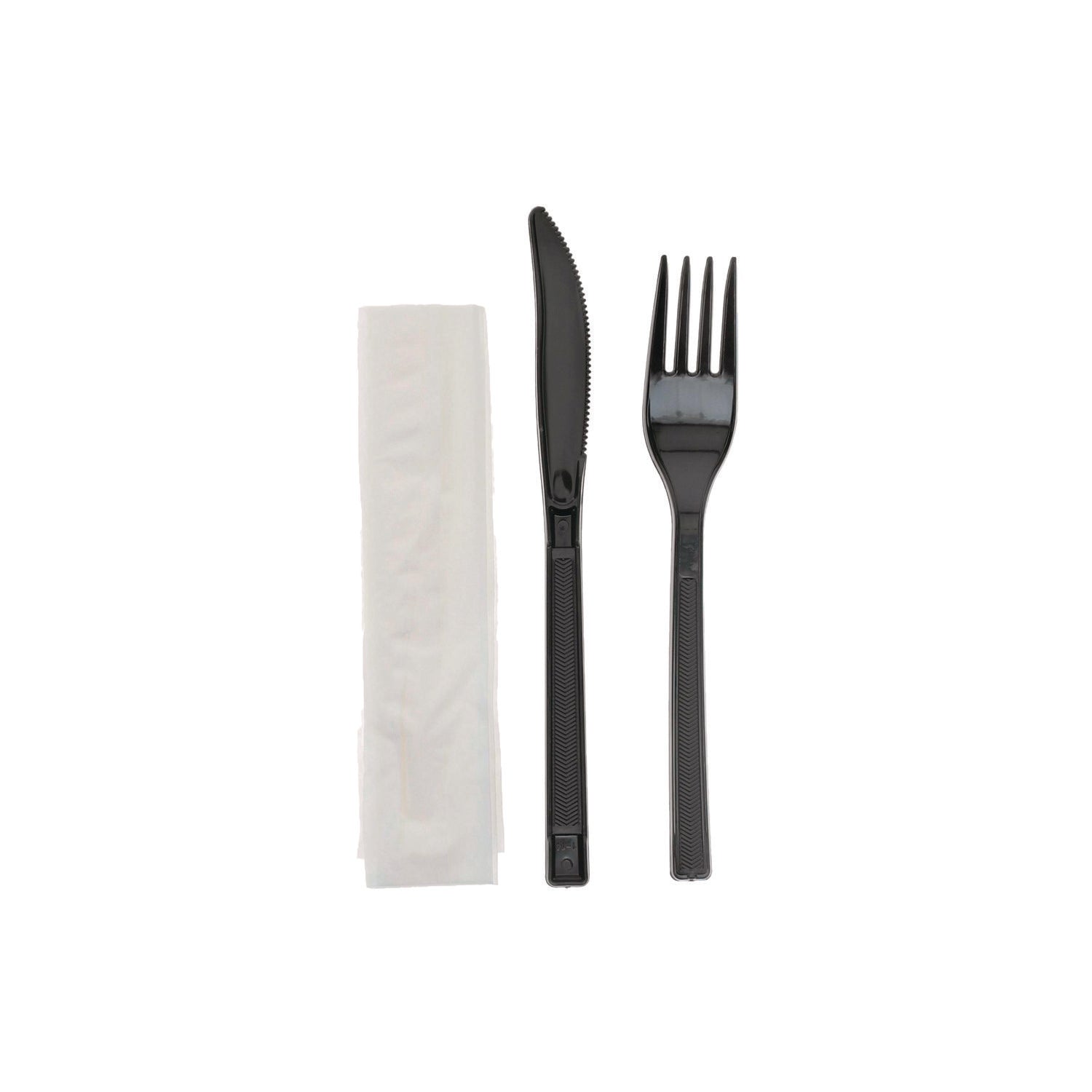 Pactiv Evergreen Gardenware Cutlery Kit, Individually Wrapped, Heavyweight, Fork/Knife/Napkin, Plastic, Black, 500/Carton