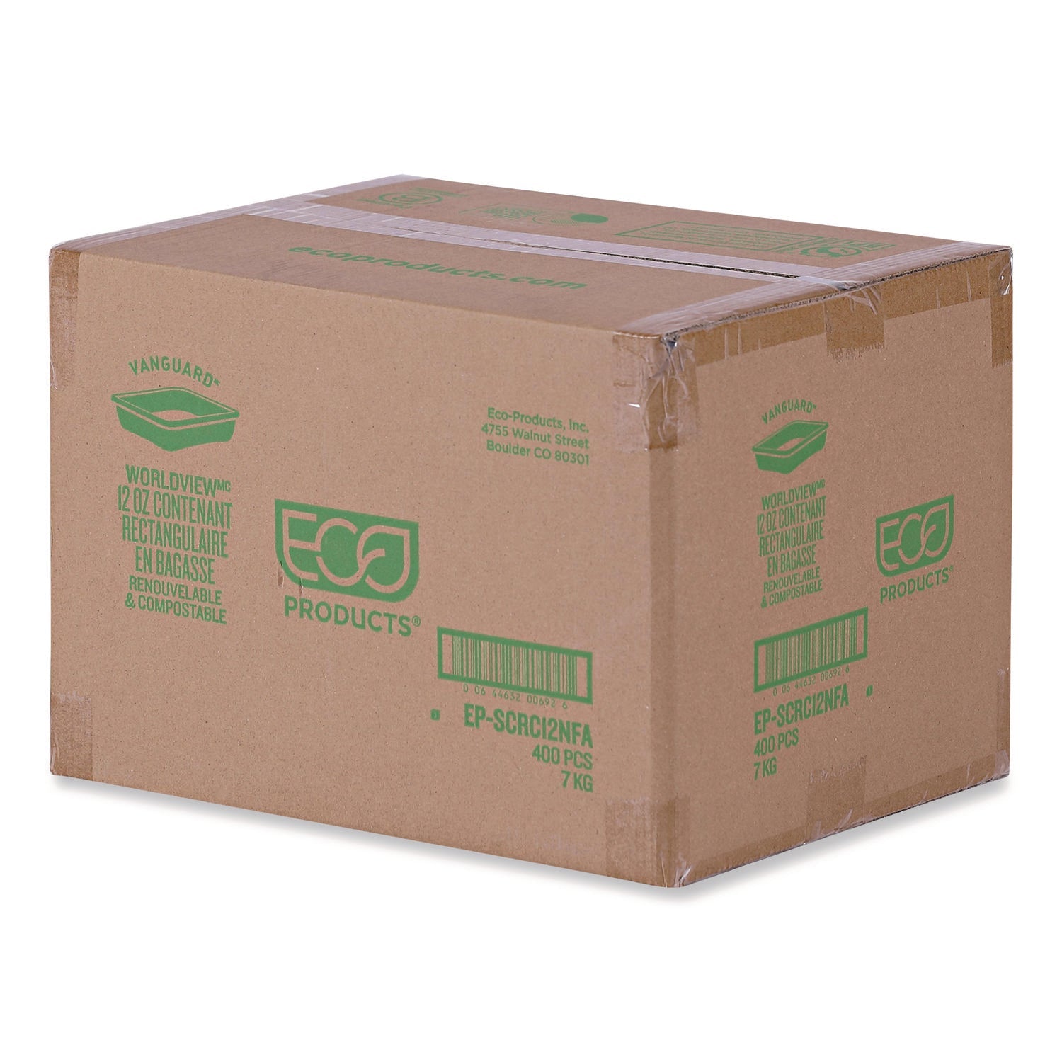 Eco-Products® WorldView Vanguard Rectangular Container, 12 oz, 7 x 4.75 x 1, Sugarcane Fiber, White, 400/Carton