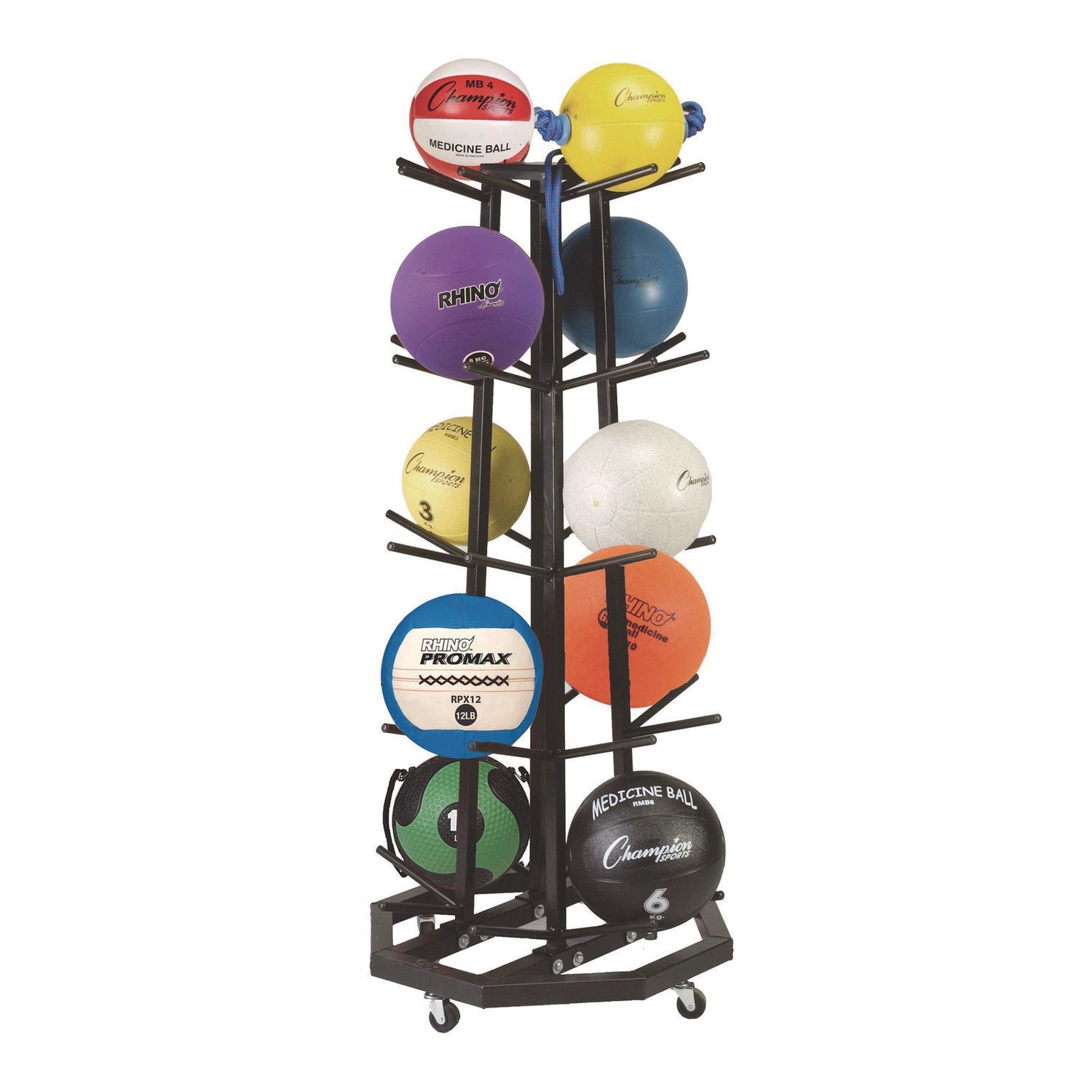Champion Sports Deluxe Five-Row Mobile Medicine Ball Rack, Metal, 198 lb Capacity, 25" x 25" x 56", Black