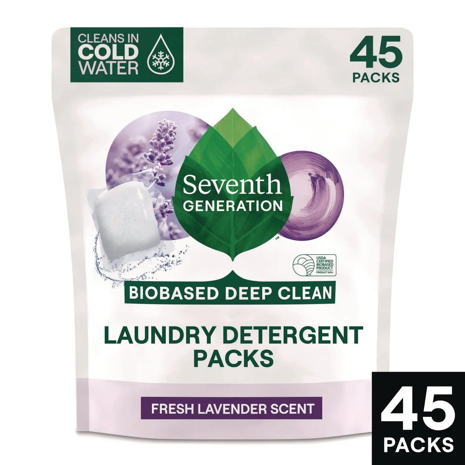 Seventh Generation® Natural Laundry Detergent Packs, Powder, Lavender Scent, 45 Packets/Pack, 8/Carton