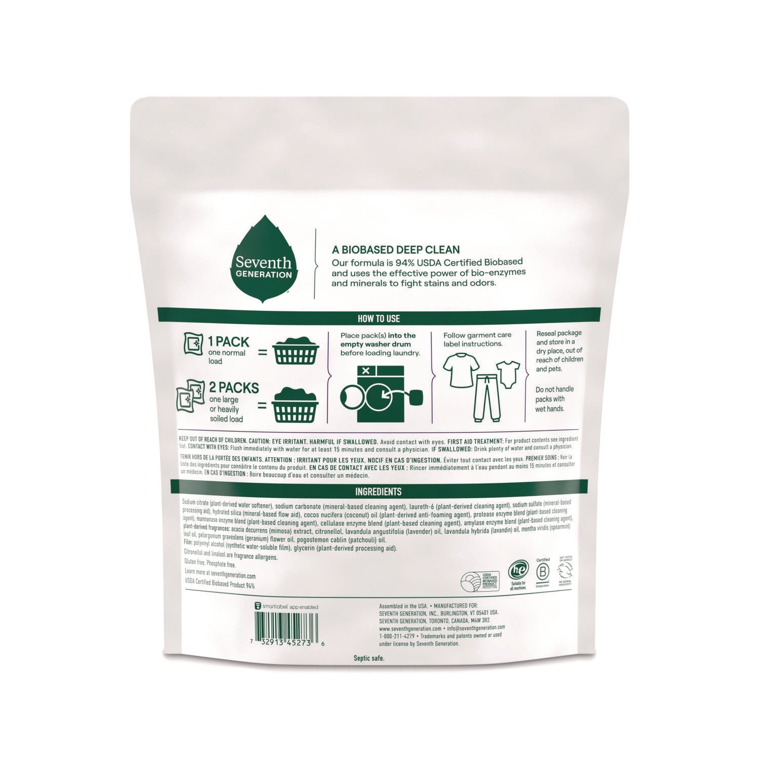 Seventh Generation® Natural Laundry Detergent Packs, Powder, Lavender Scent, 45 Packets/Pack, 8/Carton