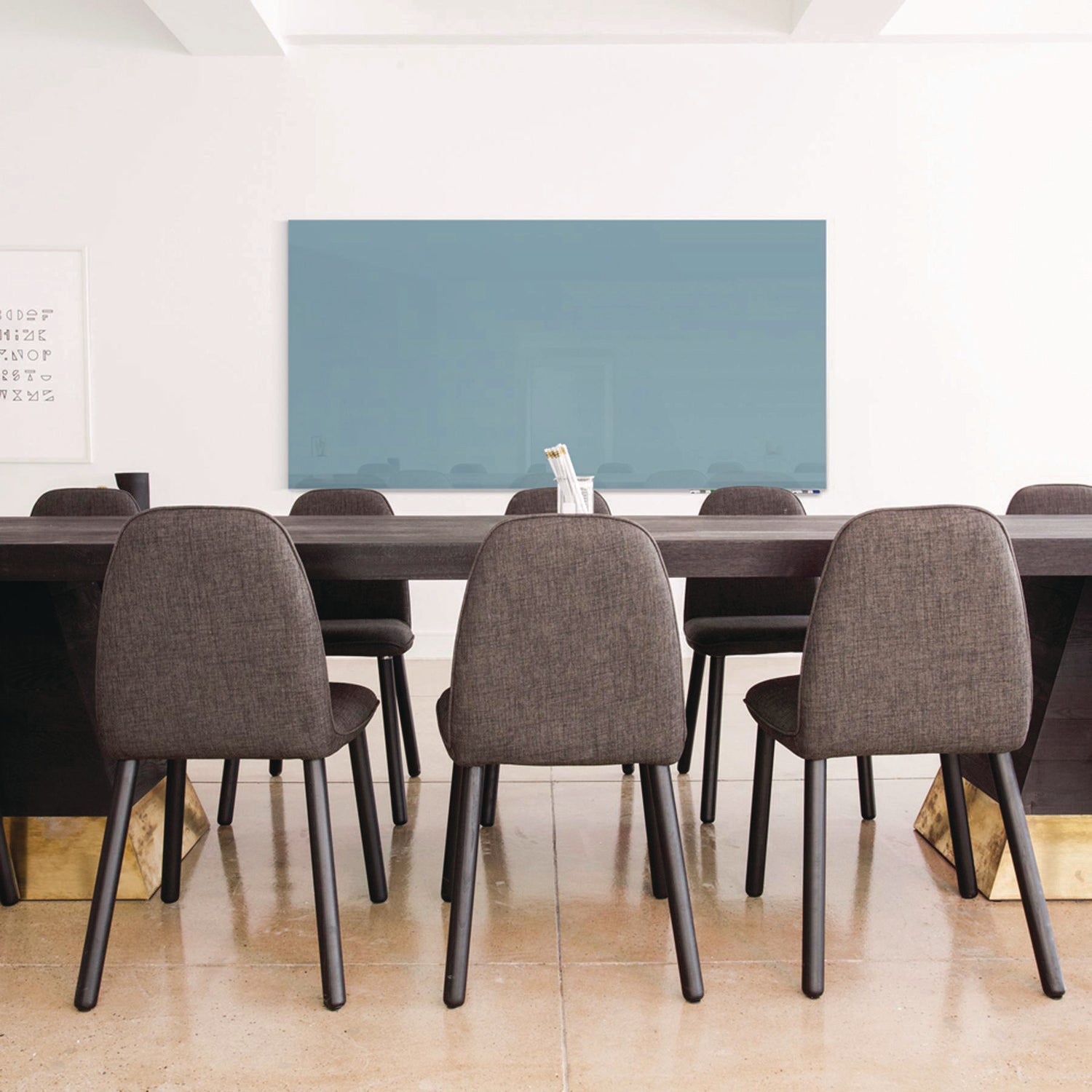 Ghent Aria Low-Profile Frameless Magnetic Glassboard, 60" x 36", Denim Blue Surface