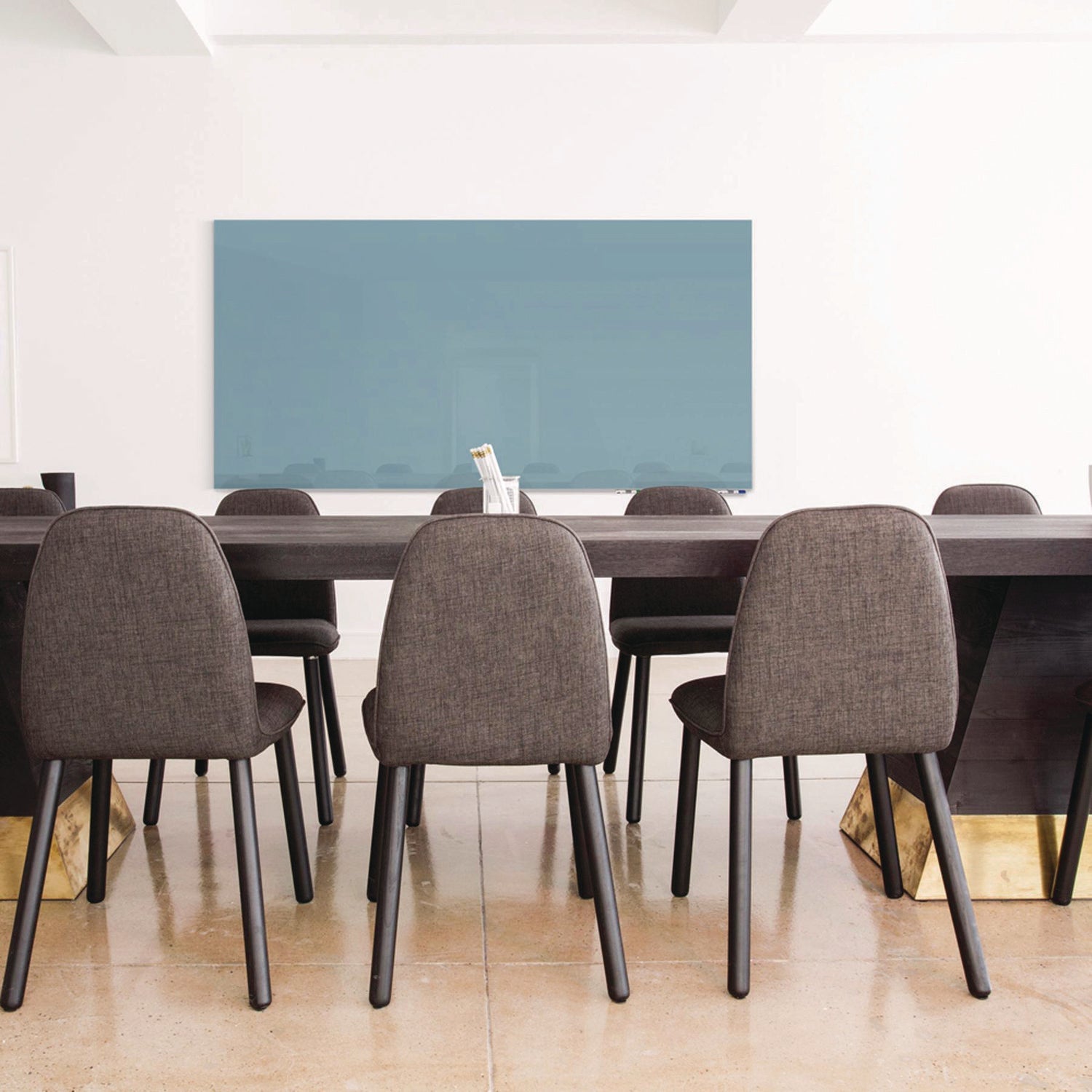 Ghent Aria Low-Profile Frameless Magnetic Glassboard, 72" x 48", Denim Blue Surface