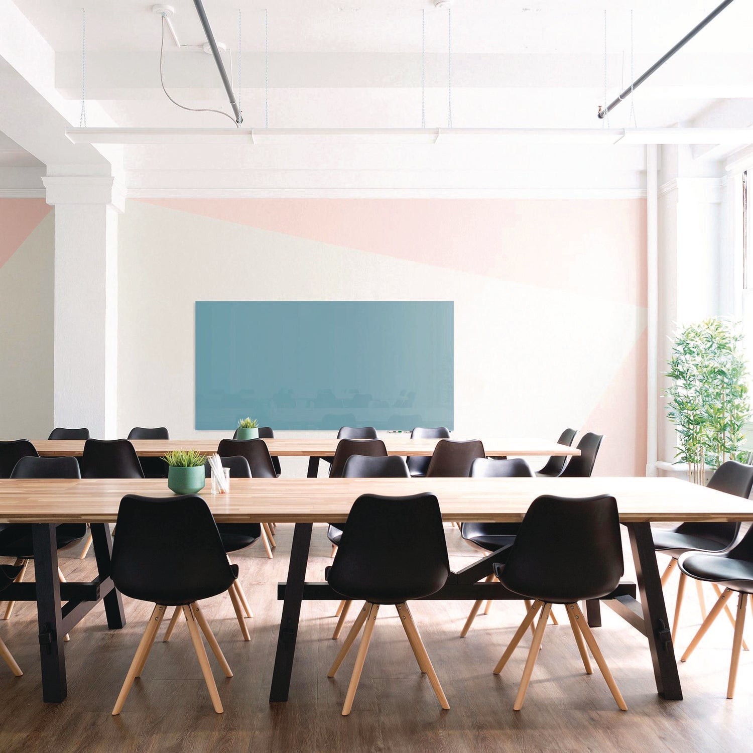 Ghent Aria Low-Profile Frameless Magnetic Glassboard, 60" x 36", Denim Blue Surface