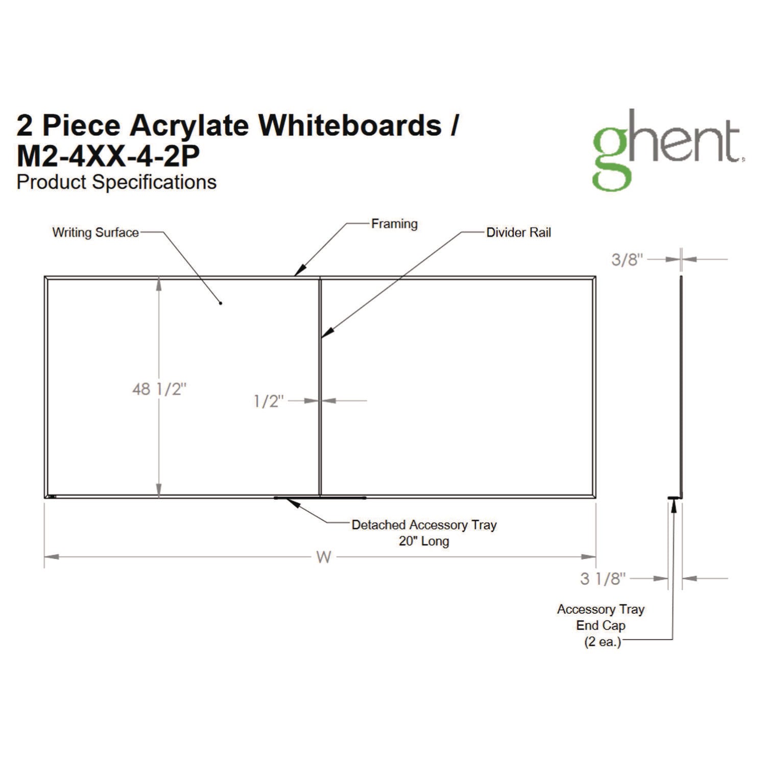Ghent Two-Piece M2 Non-Magnetic Whiteboard with Aluminum Frame, 120.75" x 48.5", White Surface, Satin Aluminum Frame