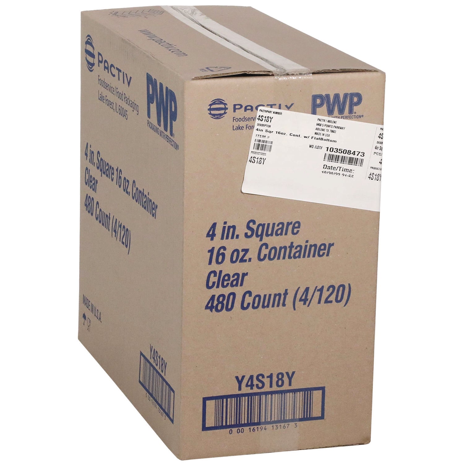 Pactiv Evergreen PET Square Container, 16 oz, 4 x 4 x 3, Clear, Plastic, 480/Carton