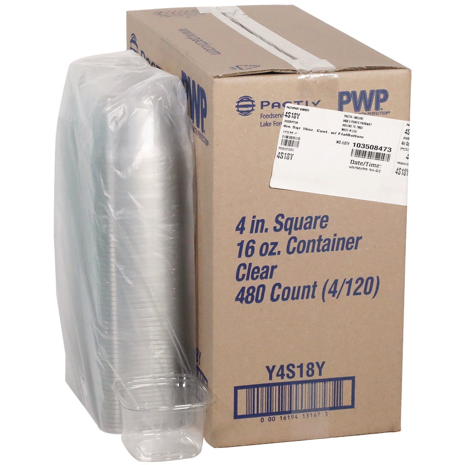 Pactiv Evergreen PET Square Container, 16 oz, 4 x 4 x 3, Clear, Plastic, 480/Carton