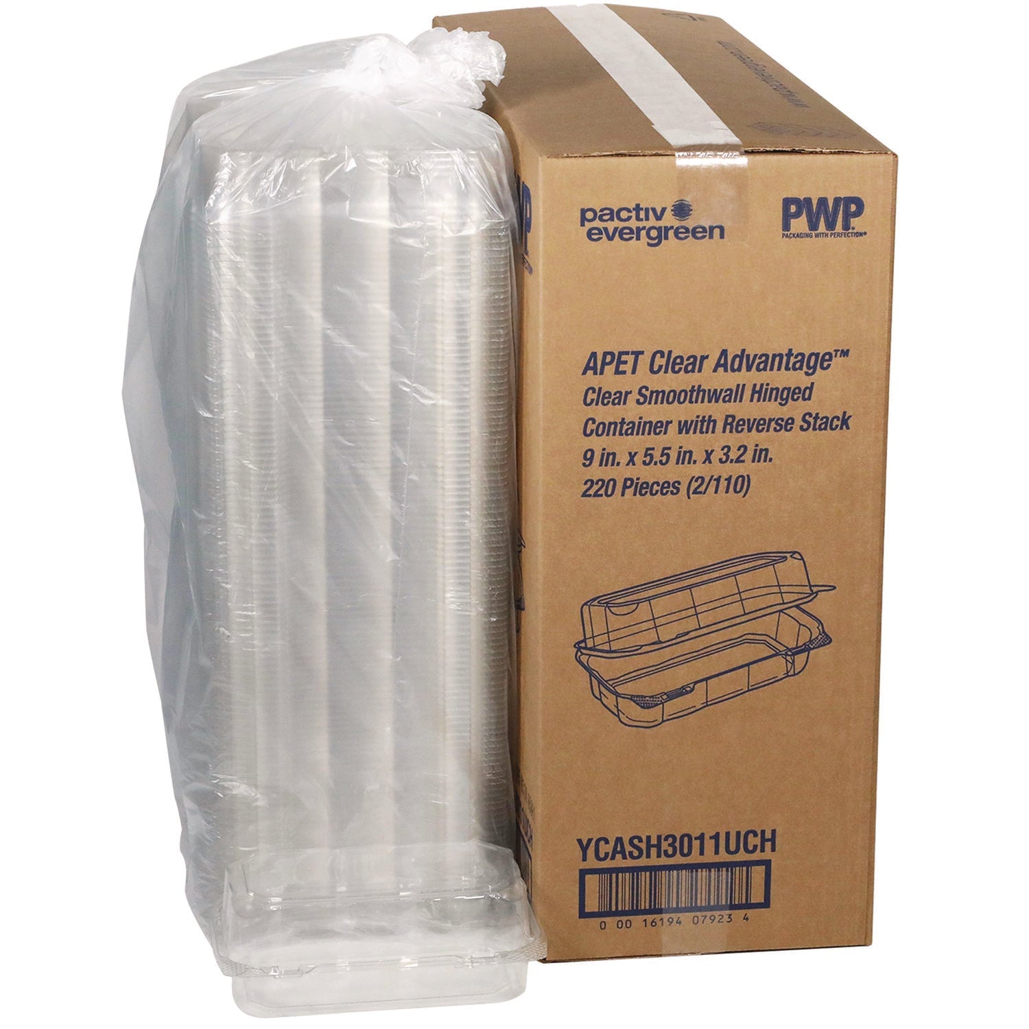 Pactiv Evergreen Hoagie Hinged Lid Container, 9 x 5.5 x 3.2, Clear, Plastic, 220/Carton