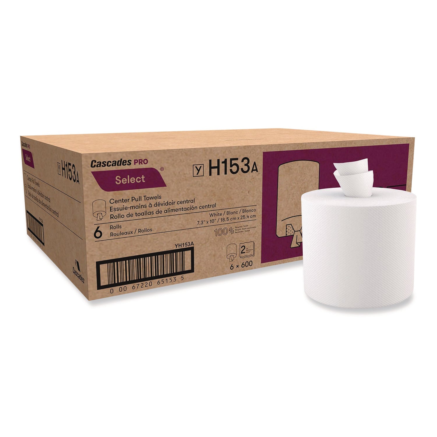 Cascades PRO Select Center-Pull Paper Towels, 2-Ply, 7.3" x 10", White, 600/Roll, 6 Rolls/Carton
