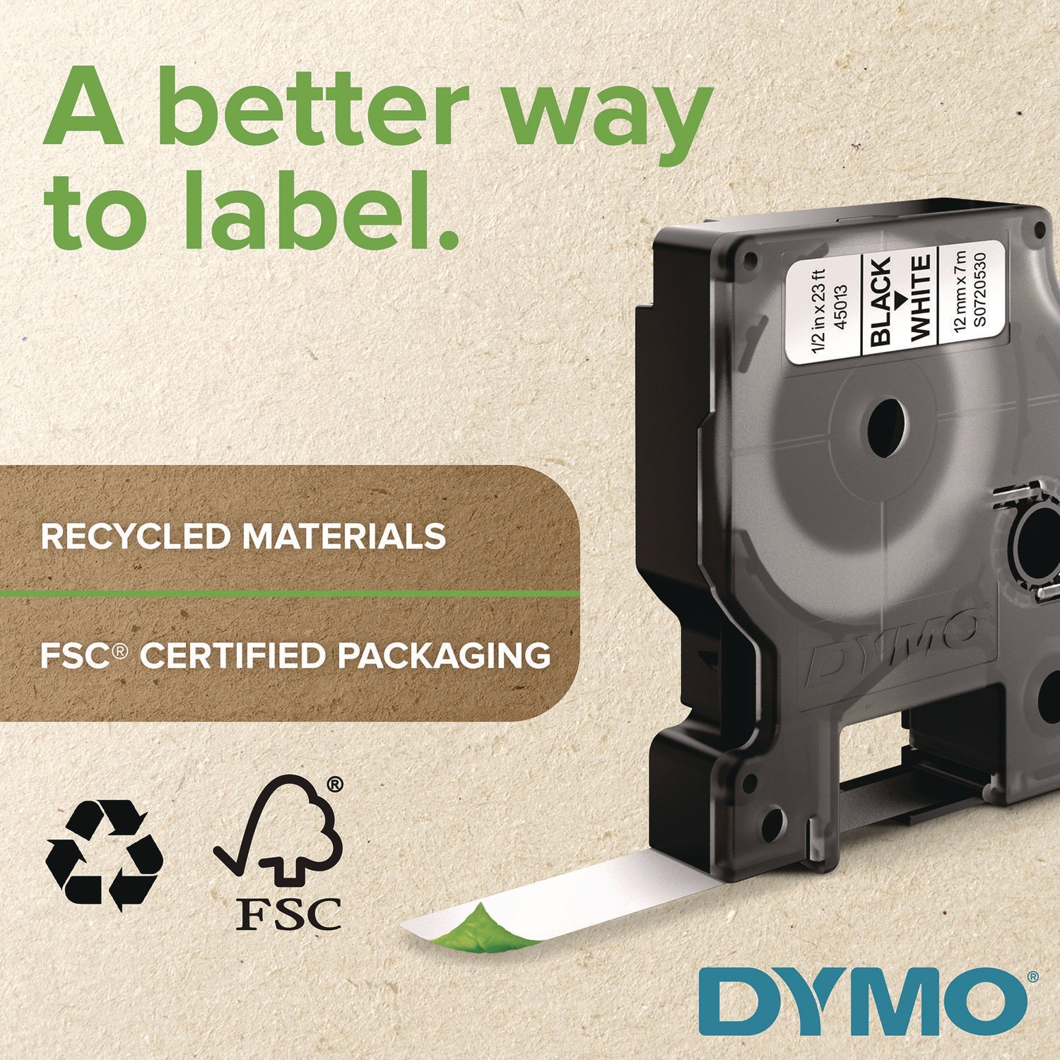 DYMO® D1 Standard Labels, 0.38" x 23 ft, Black Print on White Tape