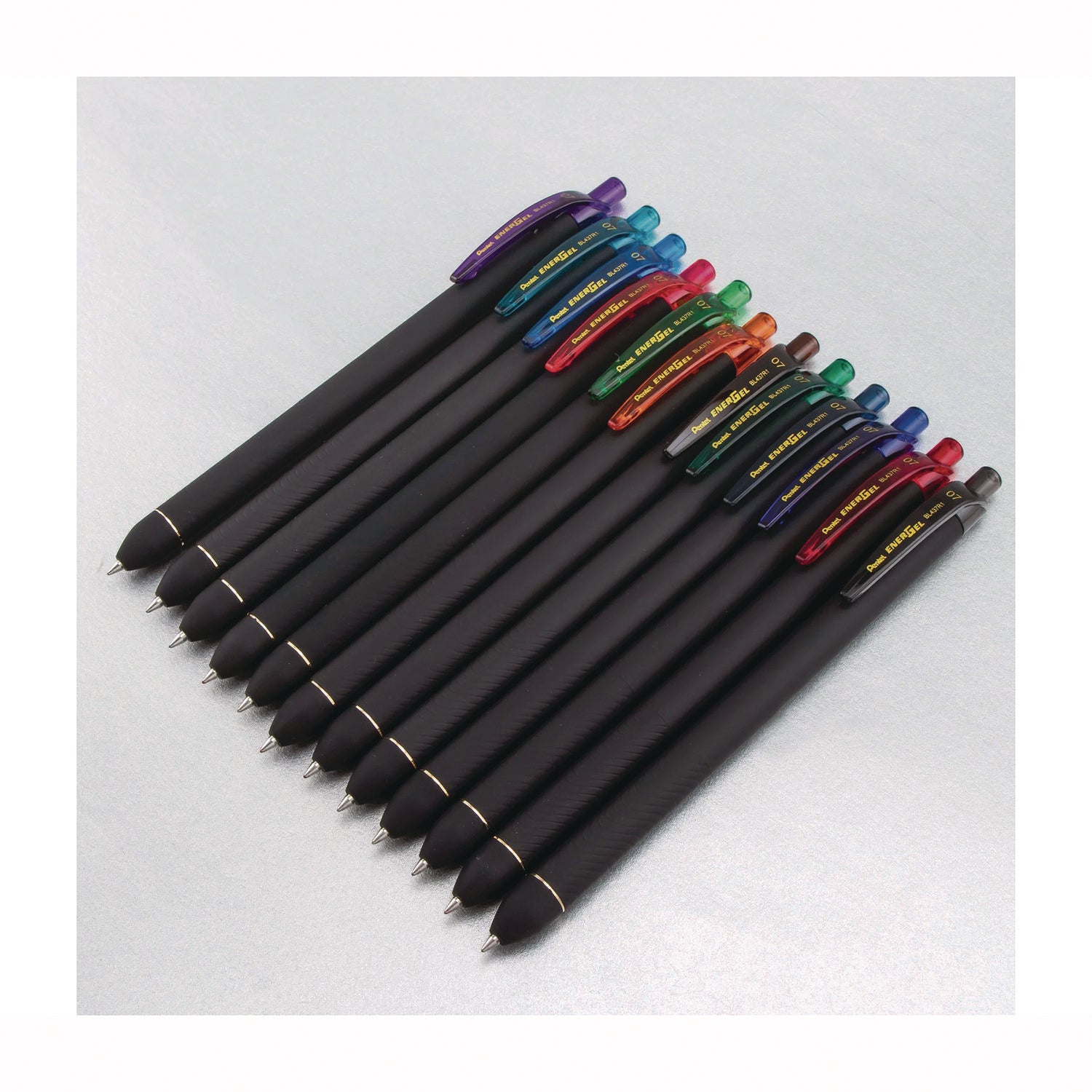 Pentel® EnerGel Kuro Gel Pen, Retractable, Medium 0.7 mm, Assorted Ink Colors, Black Barrel, 12/Pack