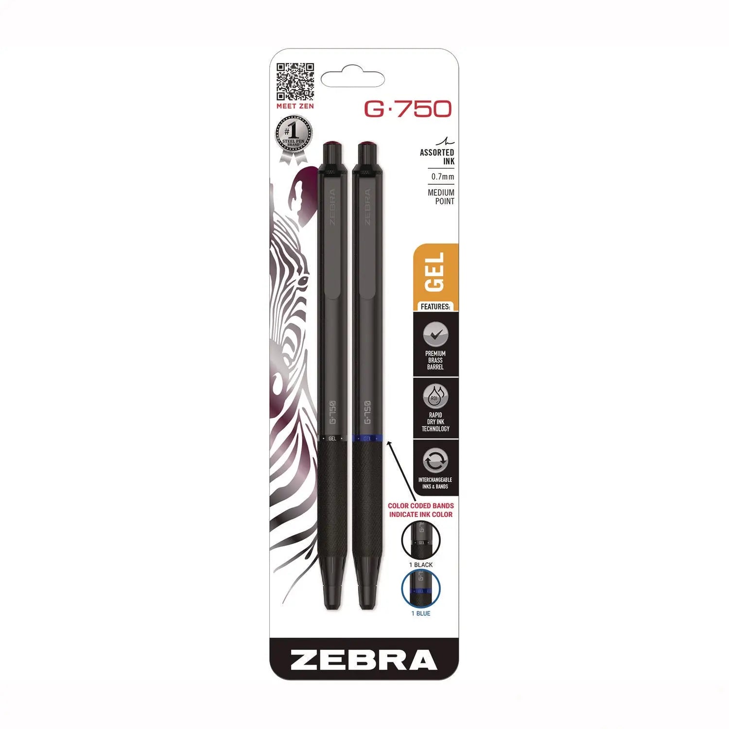 Zebra® G-750 Gel Pen, Retractable, Medium 0.7 mm, Black; Blue Ink, Black Barrel, 2/Pack
