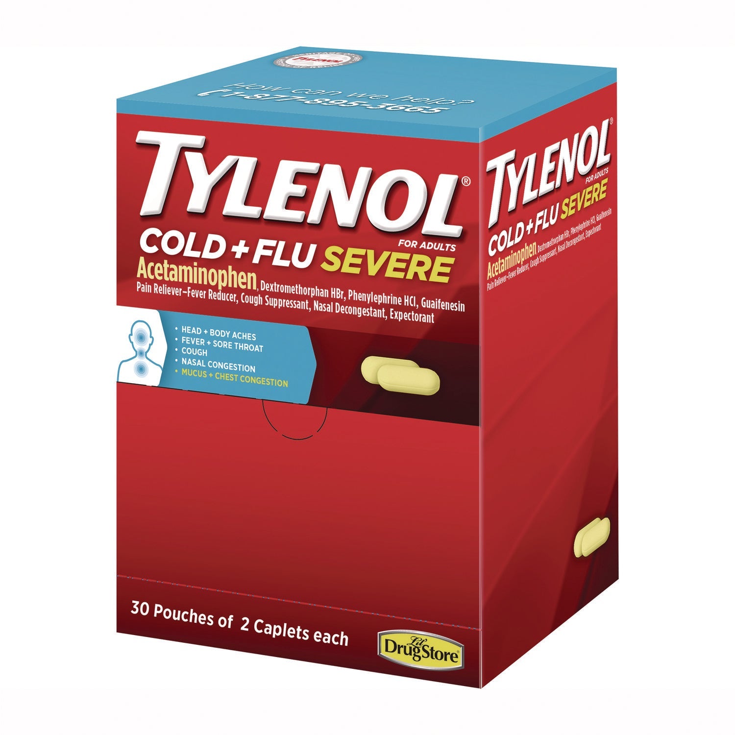 Tylenol® Cold + Flu Severe Caplets, 2/Pack, 30 Packs/Box